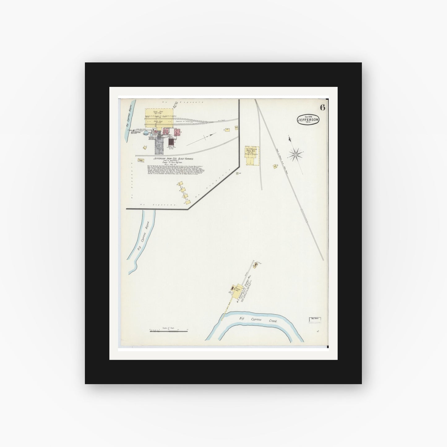 Old map wall art mockup — black gallery frame with white mat — Sanborn Fire Insurance Map from Jefferson, Marion County, Texas (1896), Sheet #0006