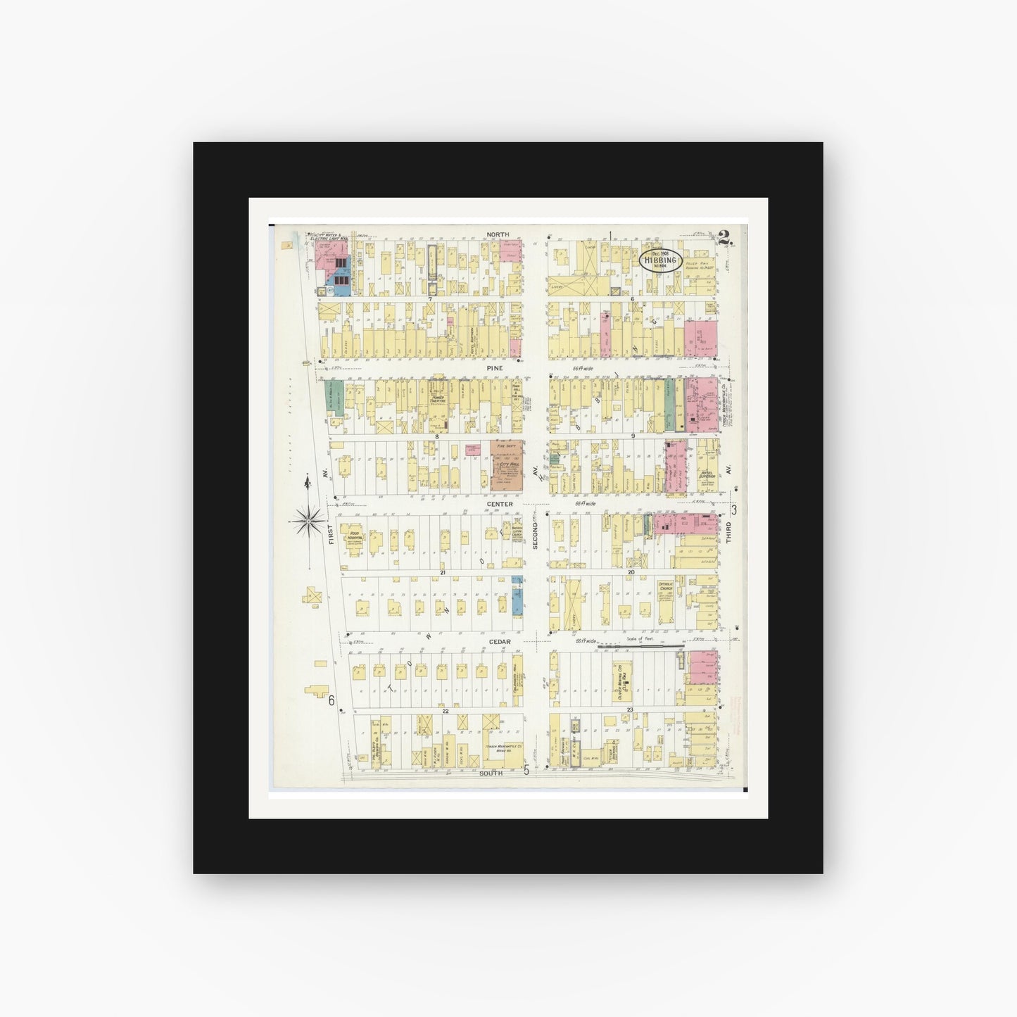 Old map wall art mockup — black gallery frame with white mat — Sanborn Fire Insurance Map from Hibbing, Saint Louis County, Minnesota (1908), Sheet #0002