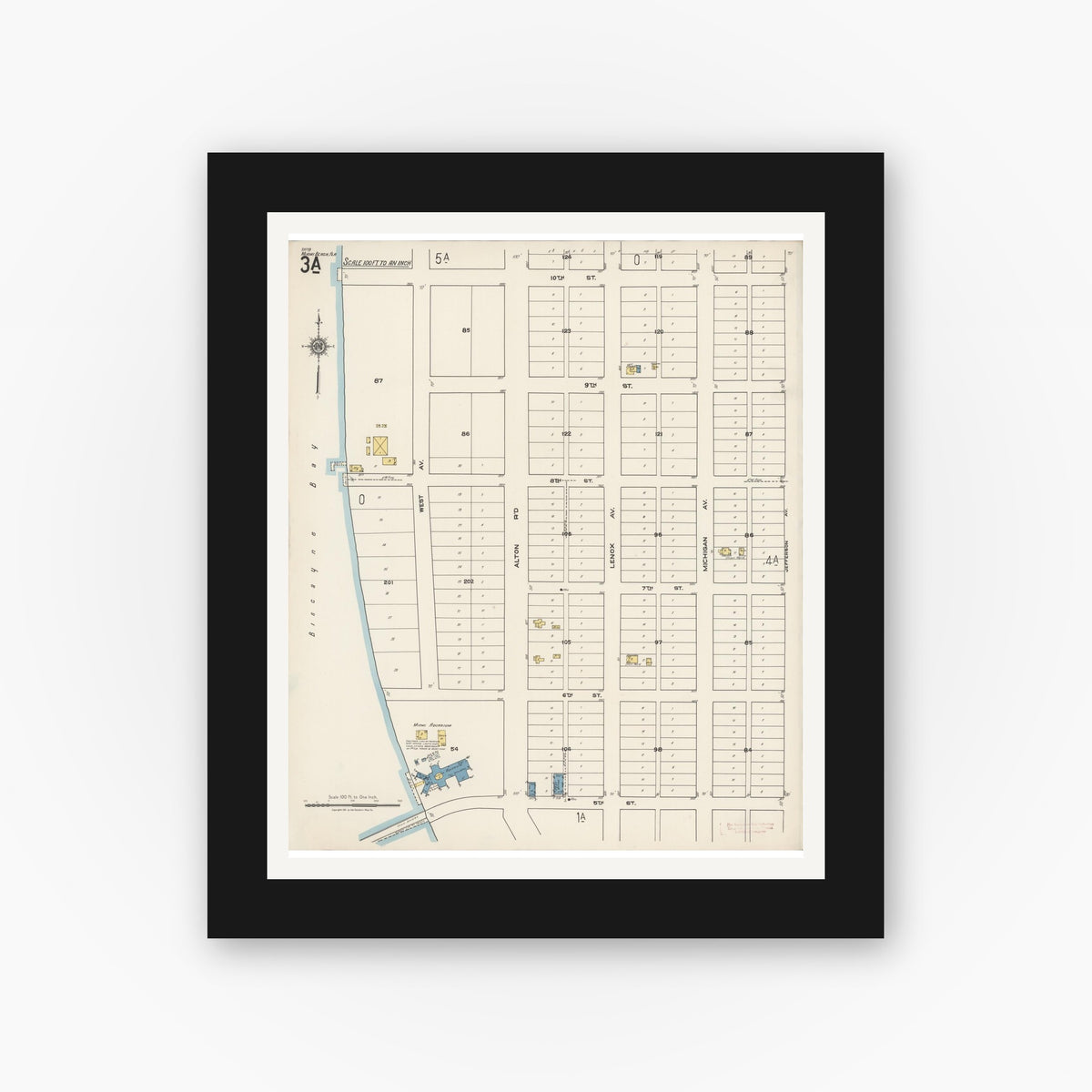 Old map wall art mockup — black gallery frame with white mat — Sanborn Fire Insurance Map from Miami Beach, Dade County, Florida (1921), Sheet #0003