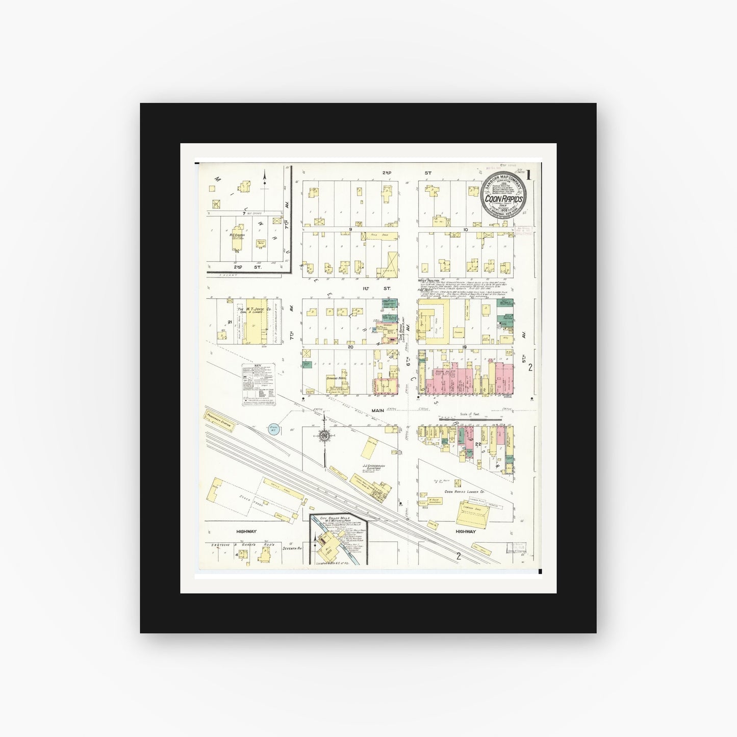 Old map wall art mockup — black gallery frame with white mat — Sanborn Fire Insurance Map from Coon Rapids, Carroll County, Iowa (1909) — Complete Set