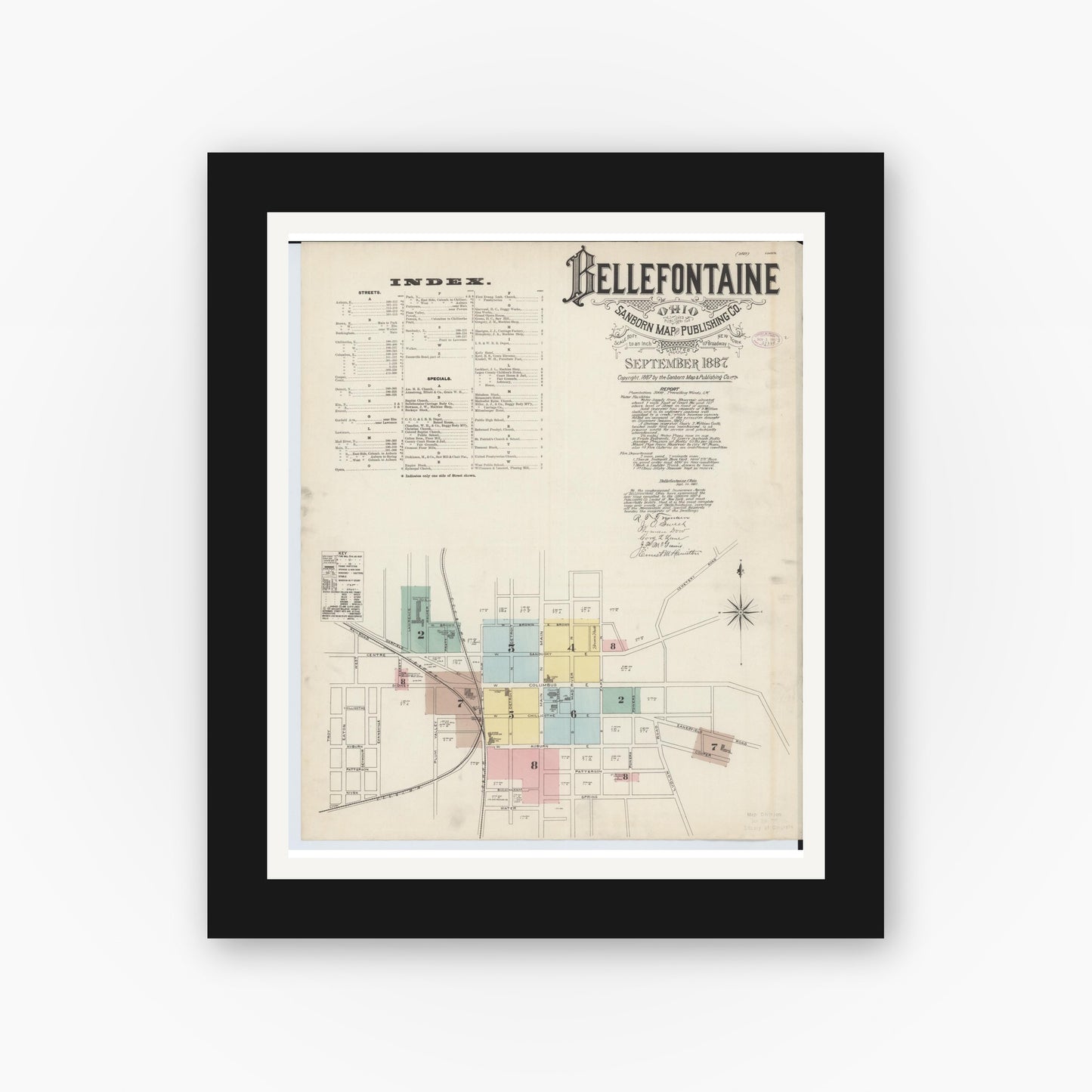 Old map wall art mockup — black gallery frame with white mat — Sanborn Fire Insurance Map from Bellefontaine, Logan County, Ohio (1887) - Complete Map Set