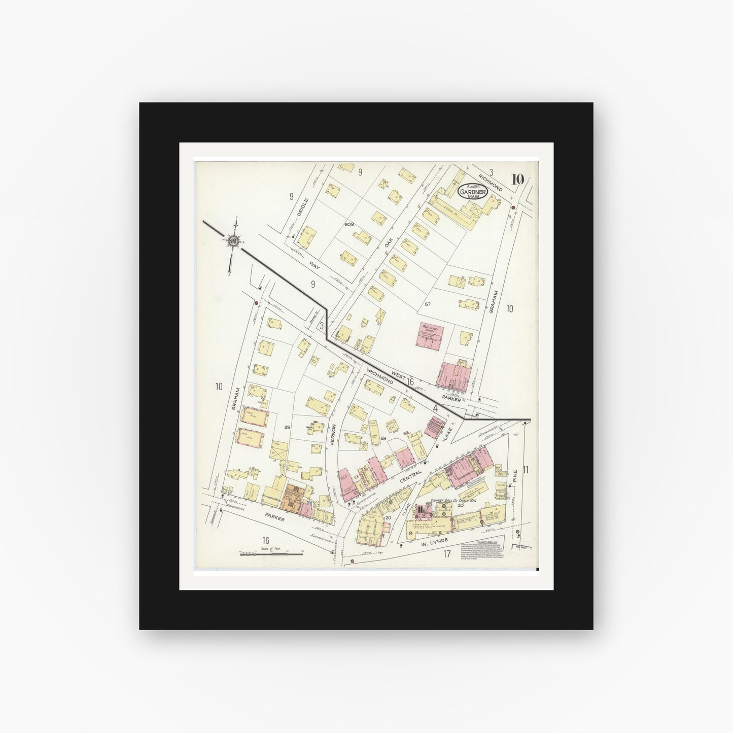 Old map wall art mockup — black gallery frame with white mat — Sanborn Fire Insurance Map from Gardner, Worcester County, Massachusetts (1914), Sheet #0010