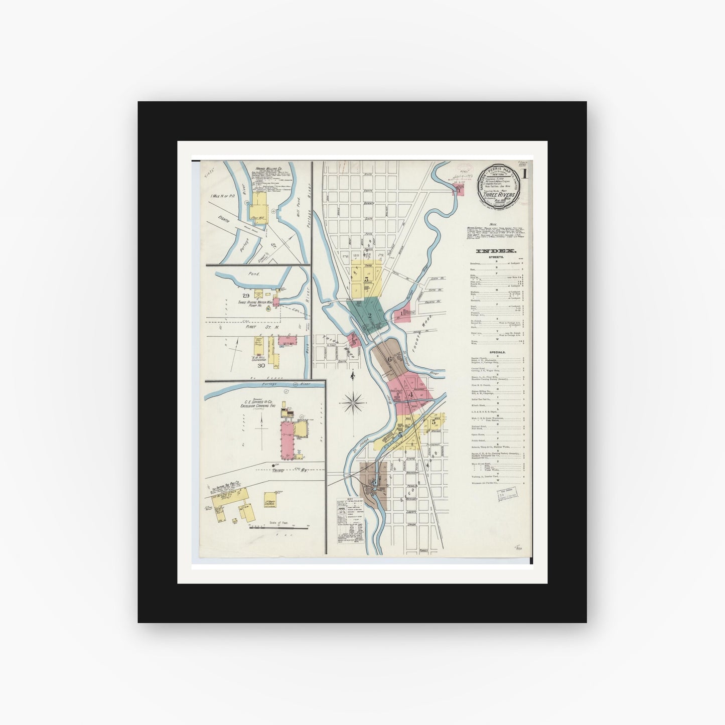 Old map wall art mockup — black gallery frame with white mat — Sanborn Fire Insurance Map from Three Rivers, Saint Joseph County, Michigan (1893) - Complete Map Set
