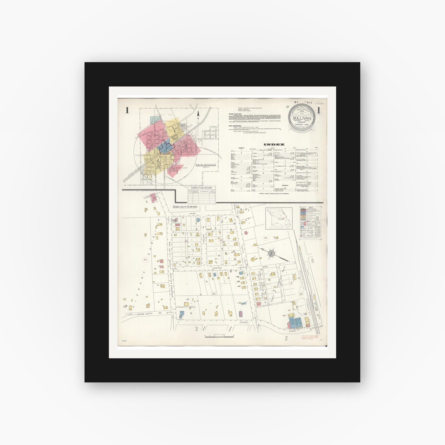 Old map wall art mockup — black gallery frame with white mat — Sanborn Fire Insurance Map from Sullivan, Franklin County, Missouri (1936), Sheet #0001