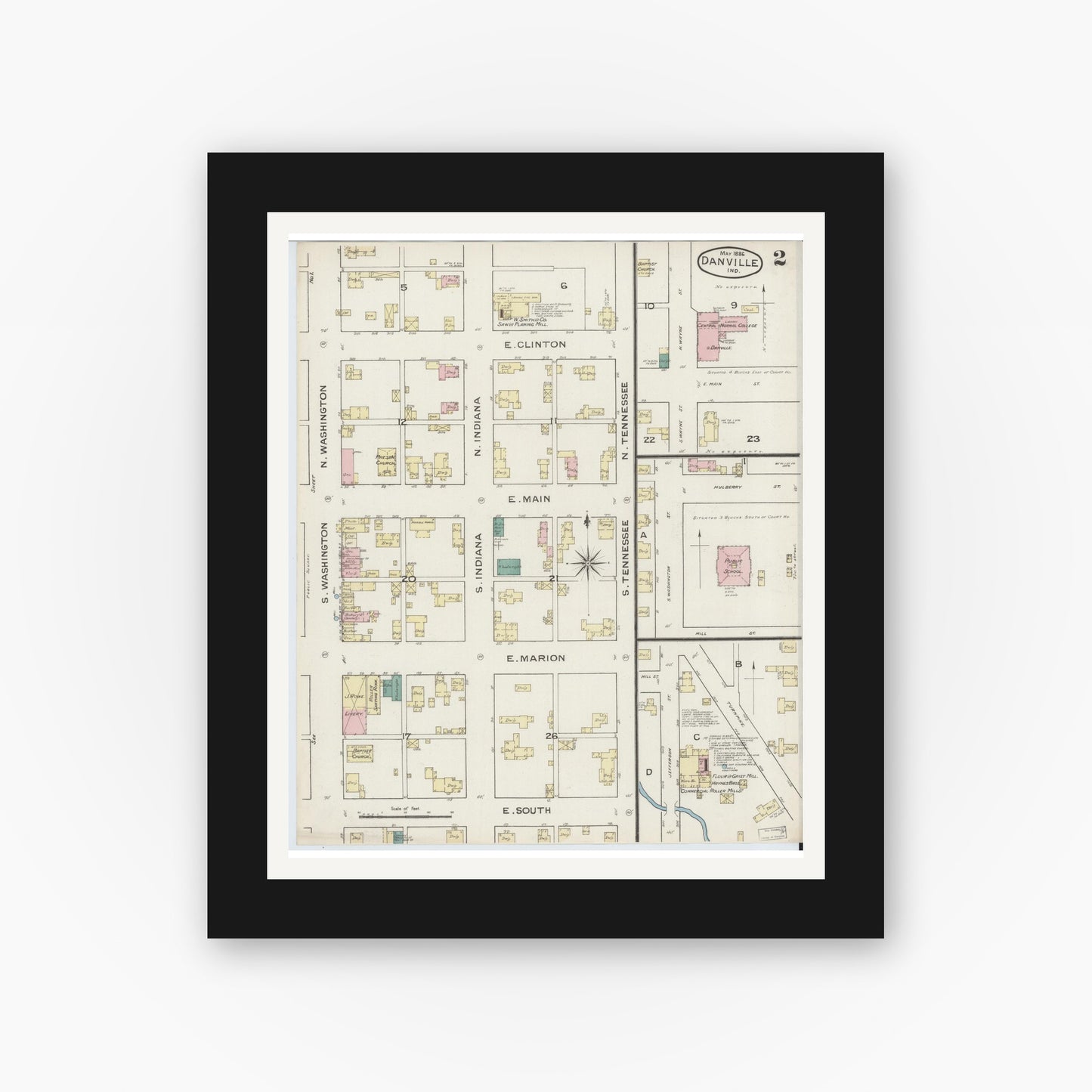 Old map wall art mockup — black gallery frame with white mat — Sanborn Fire Insurance Map from Danville, Hendricks County, Indiana (1886), Sheet #0002