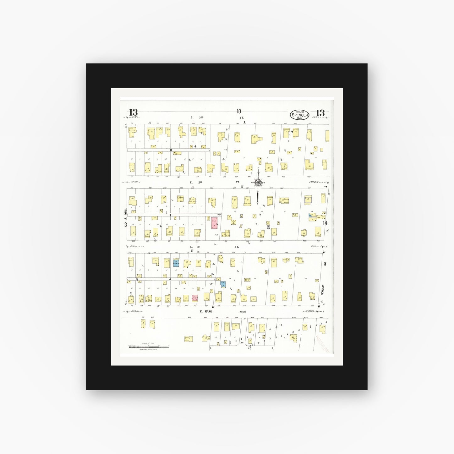 Old map wall art mockup β black gallery frame with white mat β Sanborn Fire Insurance Map from Spencer, Clay County, Iowa (1924), Sheet #0013