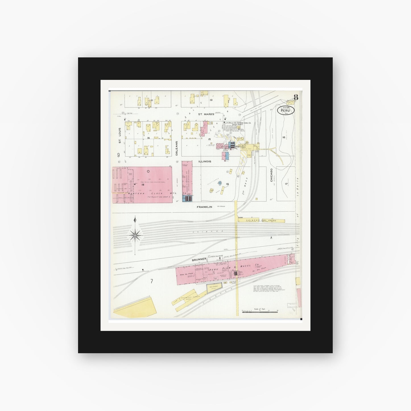 Old map wall art mockup — black gallery frame with white mat — Sanborn Fire Insurance Map from Peru, La Salle County, Illinois (1909), Sheet #0008