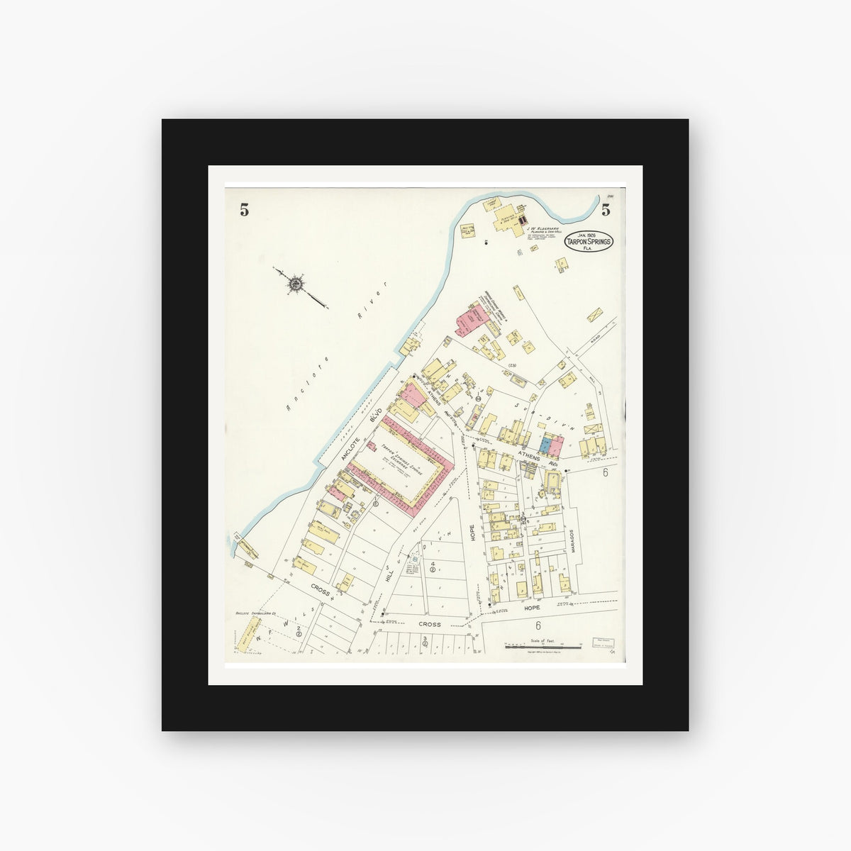 Old map wall art mockup — black gallery frame with white mat — Sanborn Fire Insurance Map from Tarpon Springs, Pinellas County, Florida (1926), Sheet #0005