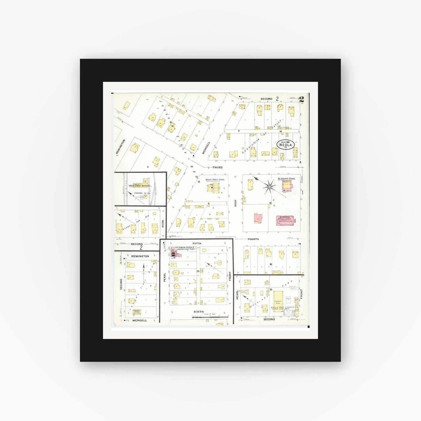 Old map wall art mockup β black gallery frame with white mat β Sanborn Fire Insurance Map from Neola, Pottawattamie County, Iowa (1908), Sheet #0002