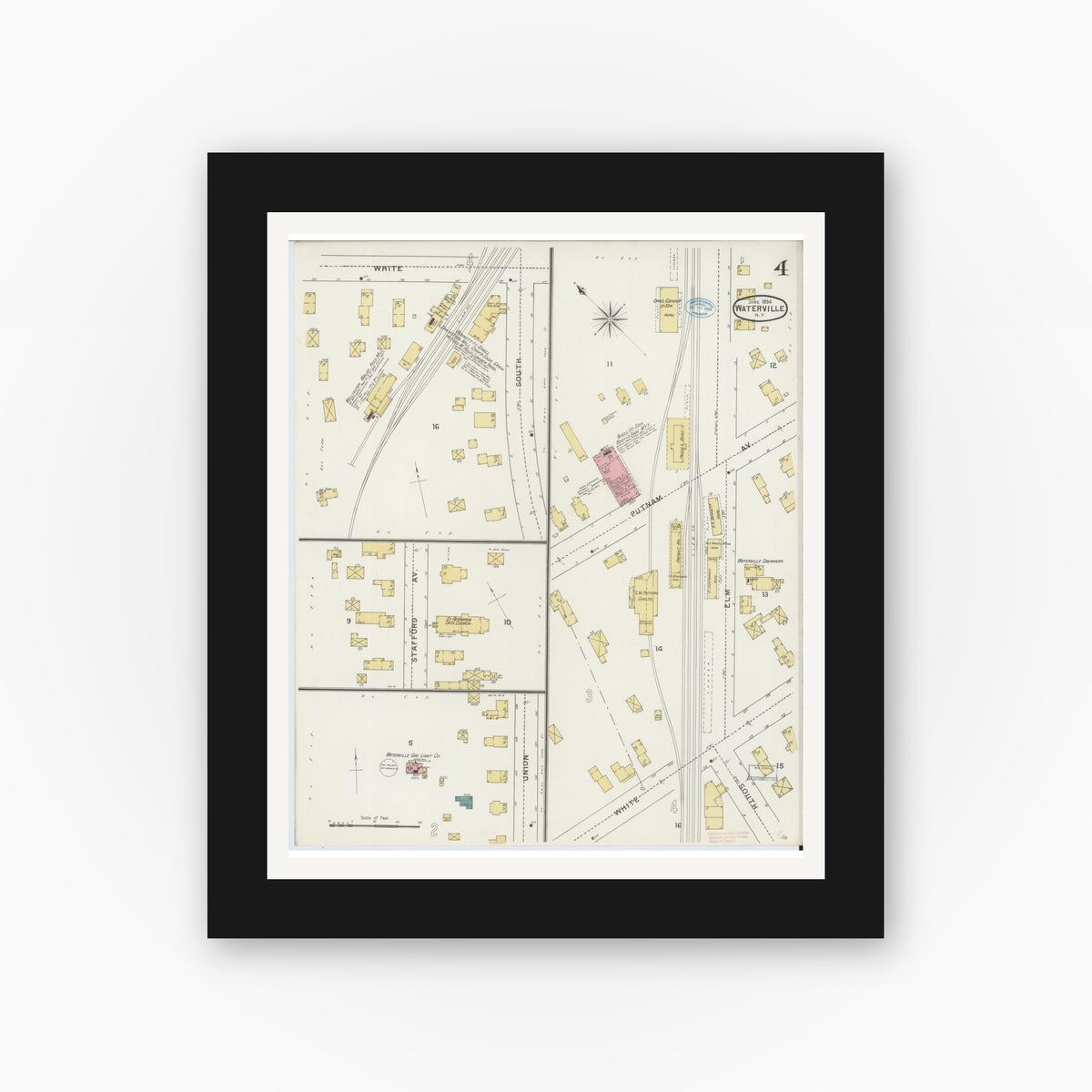 Old map wall art mockup — black gallery frame with white mat — Sanborn Fire Insurance Map from Waterville, Oneida County, New York (1894), Sheet #0004