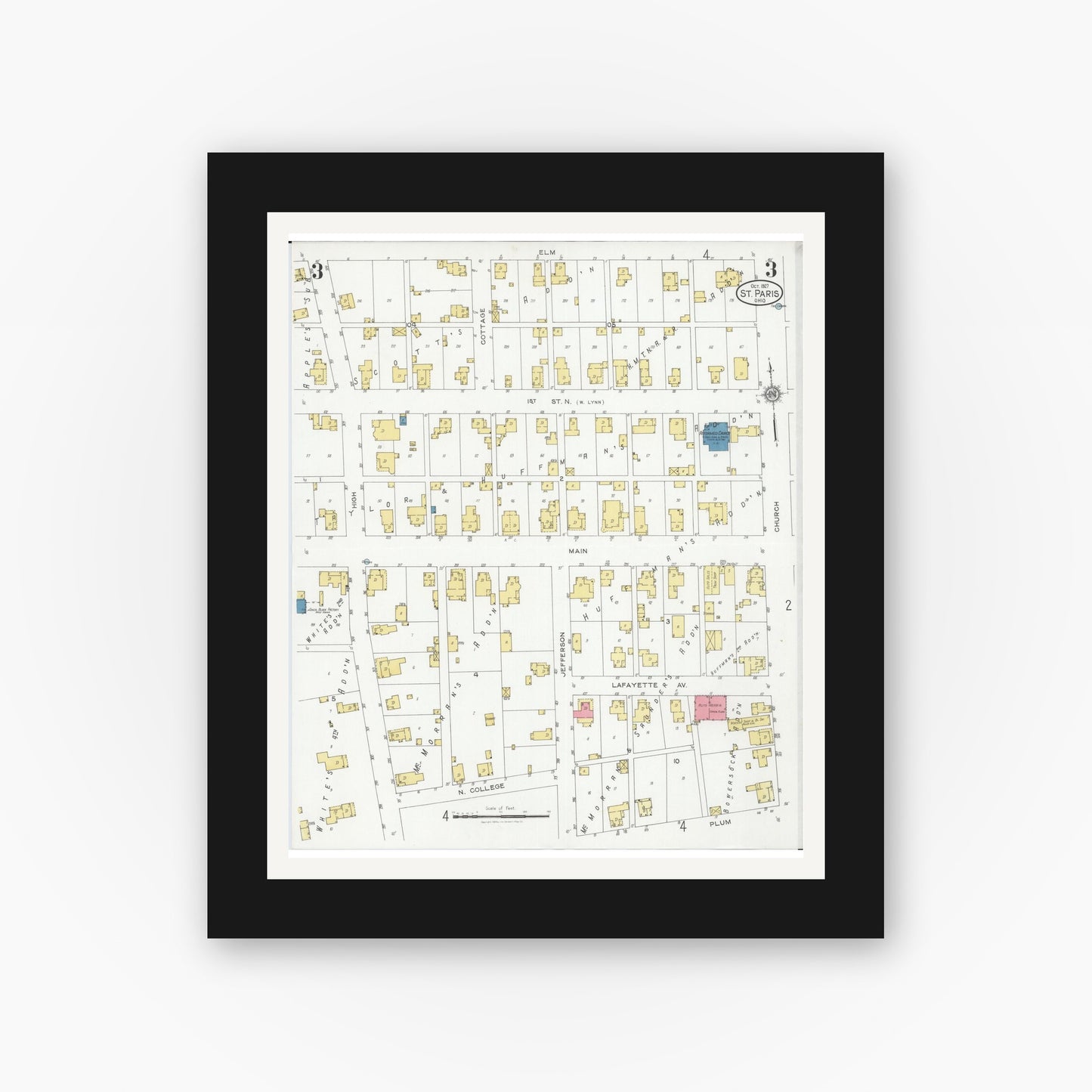Old map wall art mockup — black gallery frame with white mat — Sanborn Fire Insurance Map from Saint Paris, Champaign County, Ohio (1927), Sheet #0003