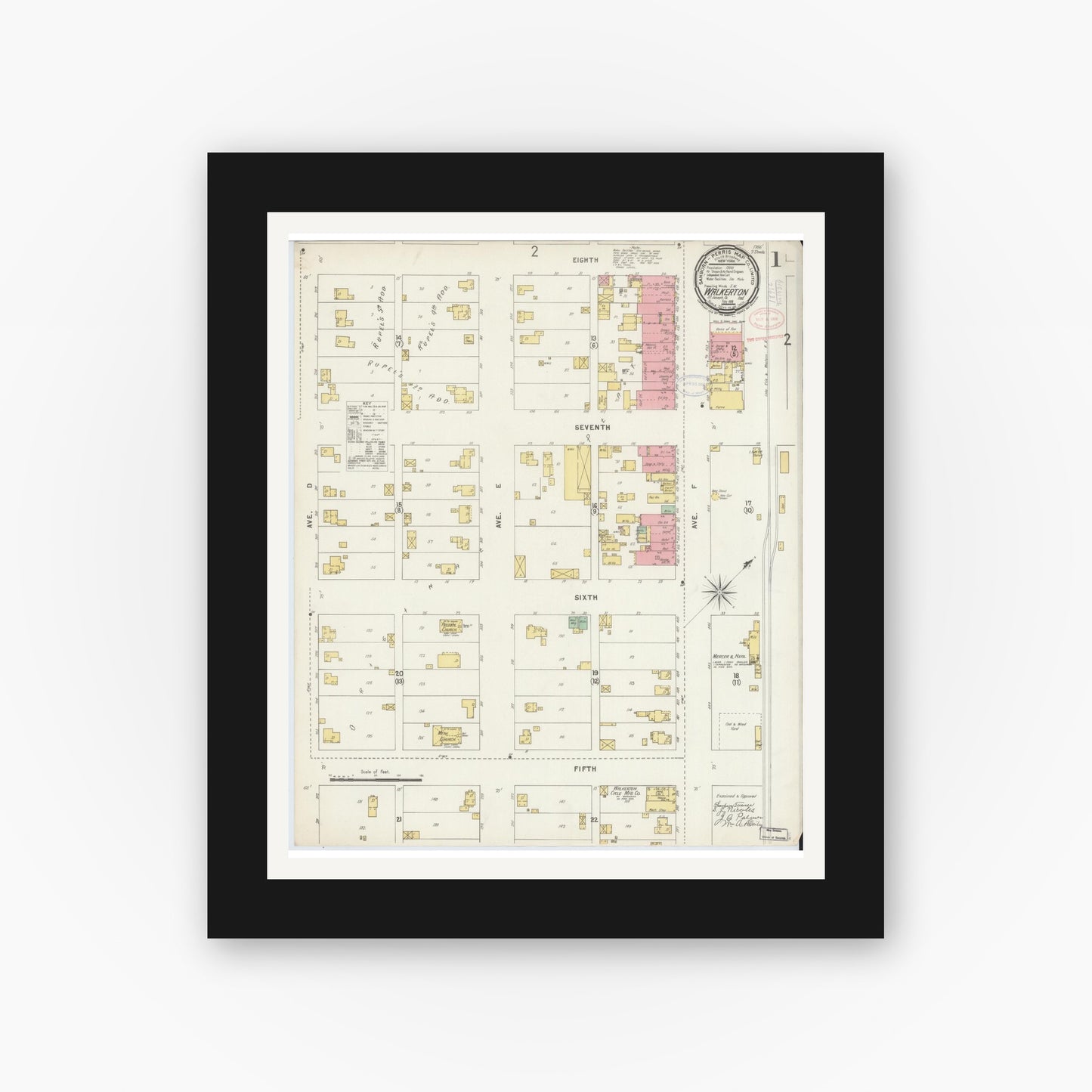 Old map wall art mockup — black gallery frame with white mat — Sanborn Fire Insurance Map from Walkerton, Saint Joseph County, Indiana (1898) - Complete Map Set