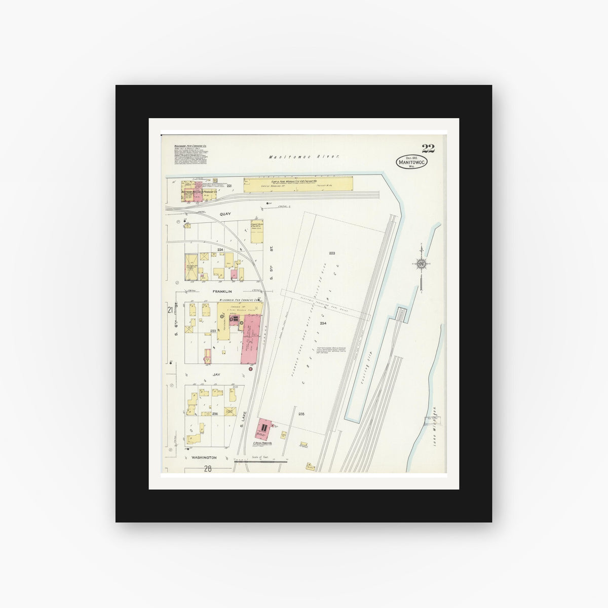 Old map wall art mockup — black gallery frame with white mat — Sanborn Fire Insurance Map from Manitowoc, Manitowoc County, Wisconsin (1912), Sheet #0022