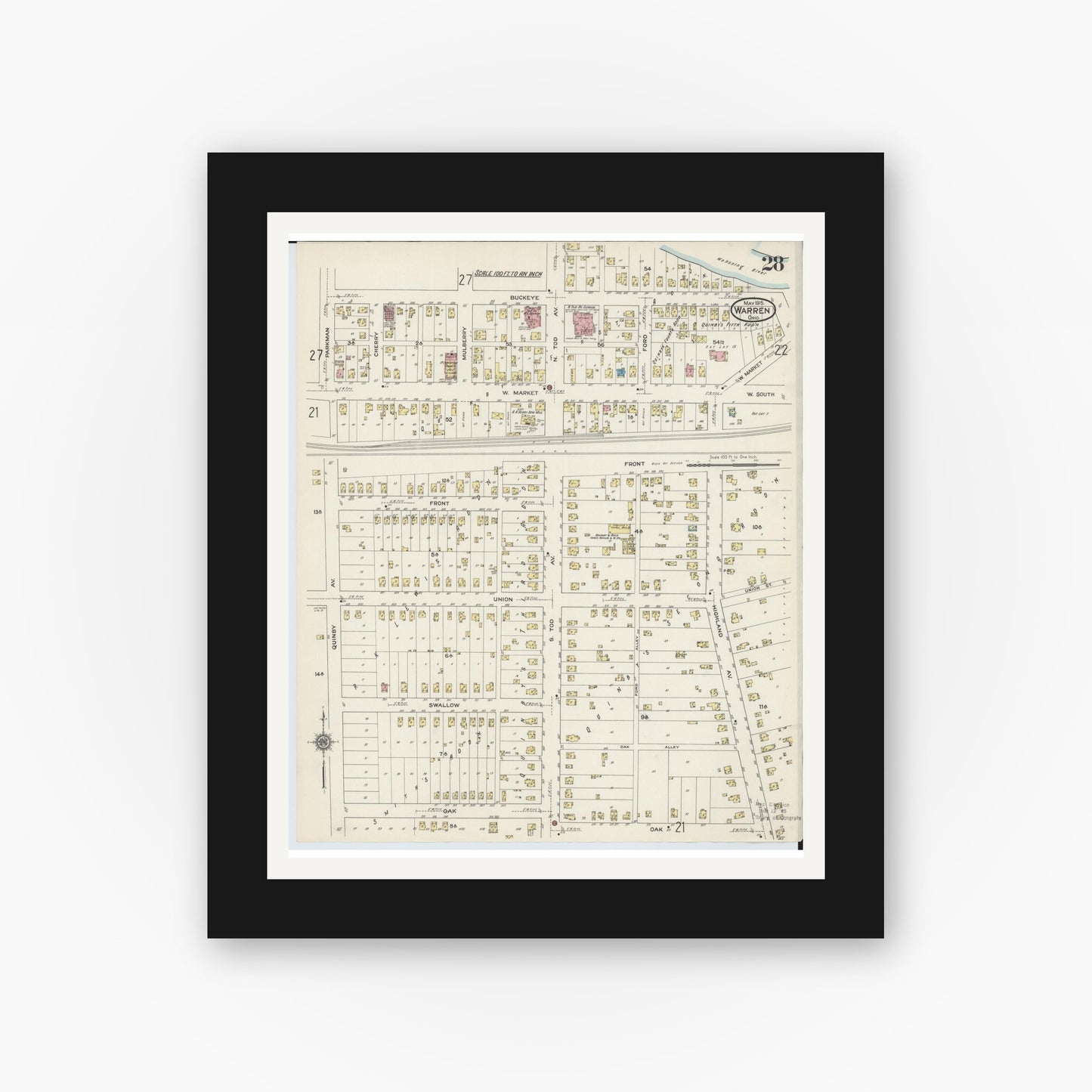 Old map wall art mockup — black gallery frame with white mat — Sanborn Fire Insurance Map from Warren, Trumbull County, Ohio (1915), Sheet #0028