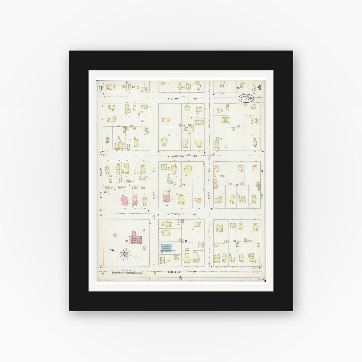 Old map wall art mockup — black gallery frame with white mat — Sanborn Fire Insurance Map from Dixon, Lee County, Illinois (1897), Sheet #0004
