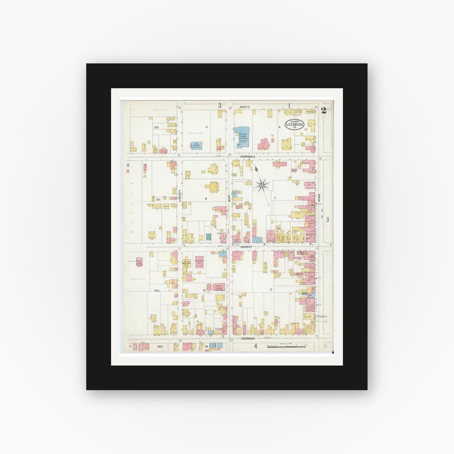 Old map wall art mockup — black gallery frame with white mat — Sanborn Fire Insurance Map from Leesburg, Loudoun County, Virginia (1903), Sheet #0002