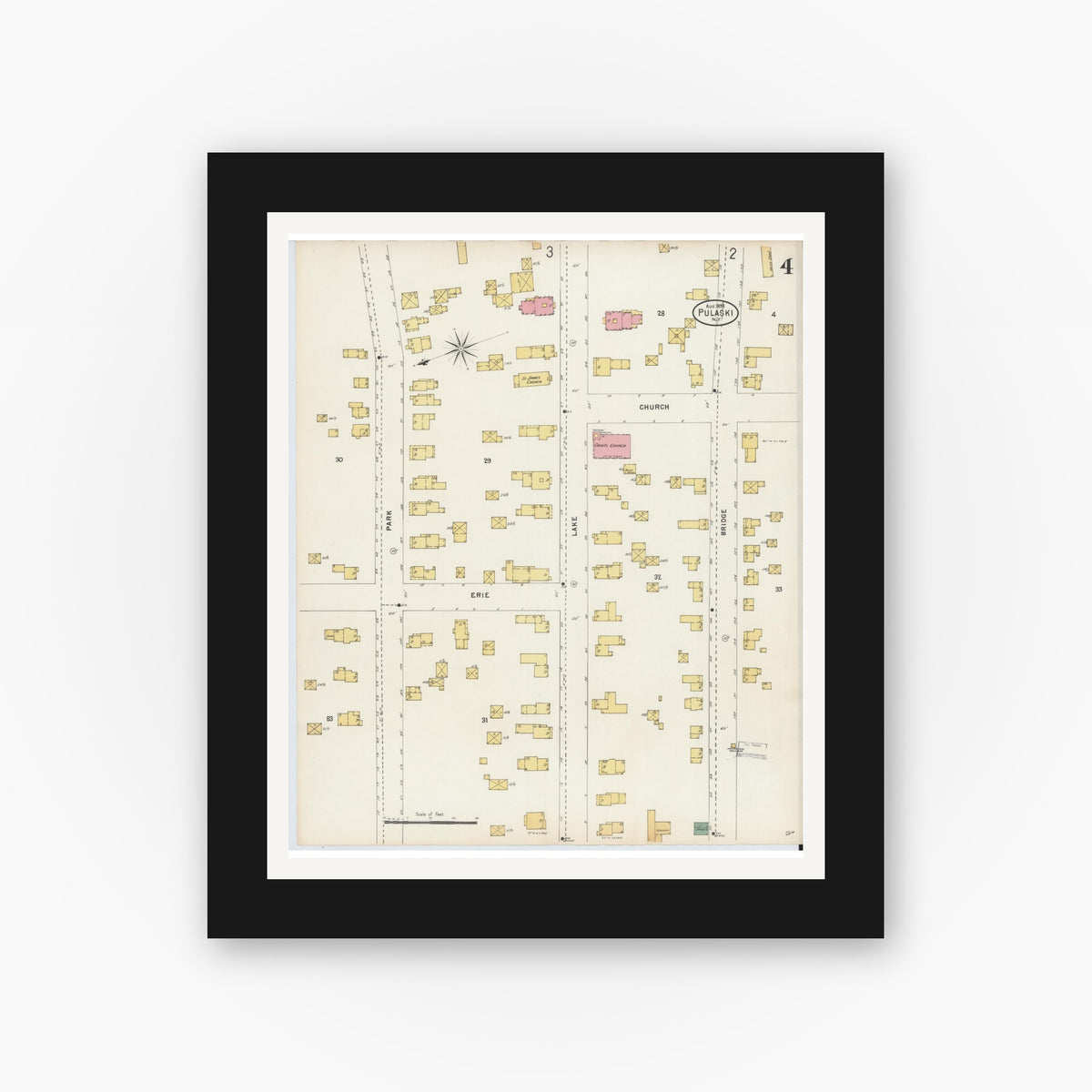 Old map wall art mockup — black gallery frame with white mat — Sanborn Fire Insurance Map from Pulaski, Oswego County, New York (1898), Sheet #0004