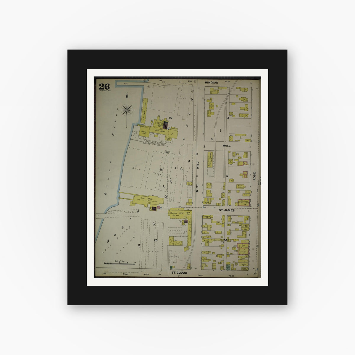 Old map wall art mockup — black gallery frame with white mat — Sanborn Fire Insurance Map from La Crosse, La Crosse County, Wisconsin (1891), Sheet #0026