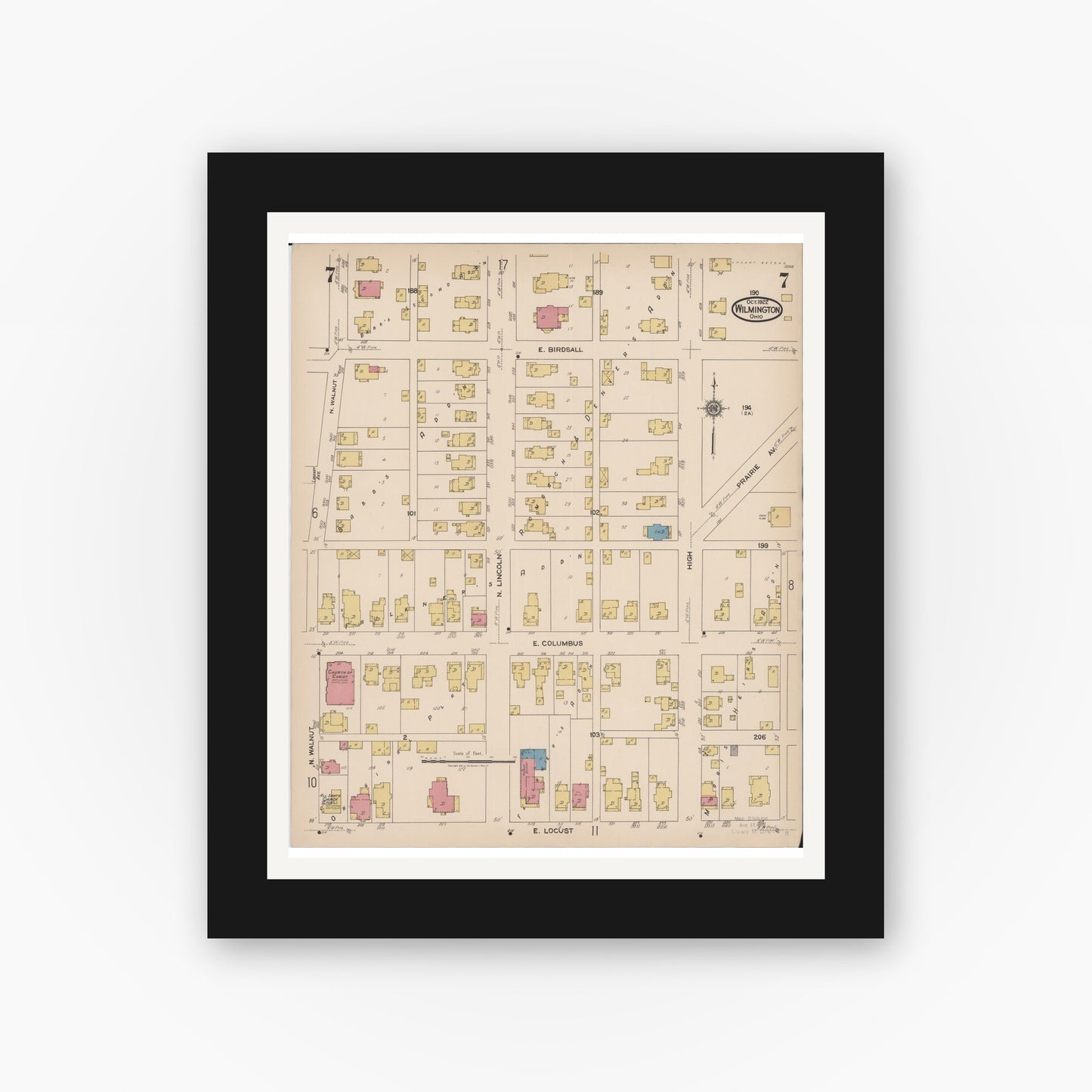 Old map wall art mockup — black gallery frame with white mat — Sanborn Fire Insurance Map from Wilmington, Clinton County, Ohio (1922), Sheet #0007