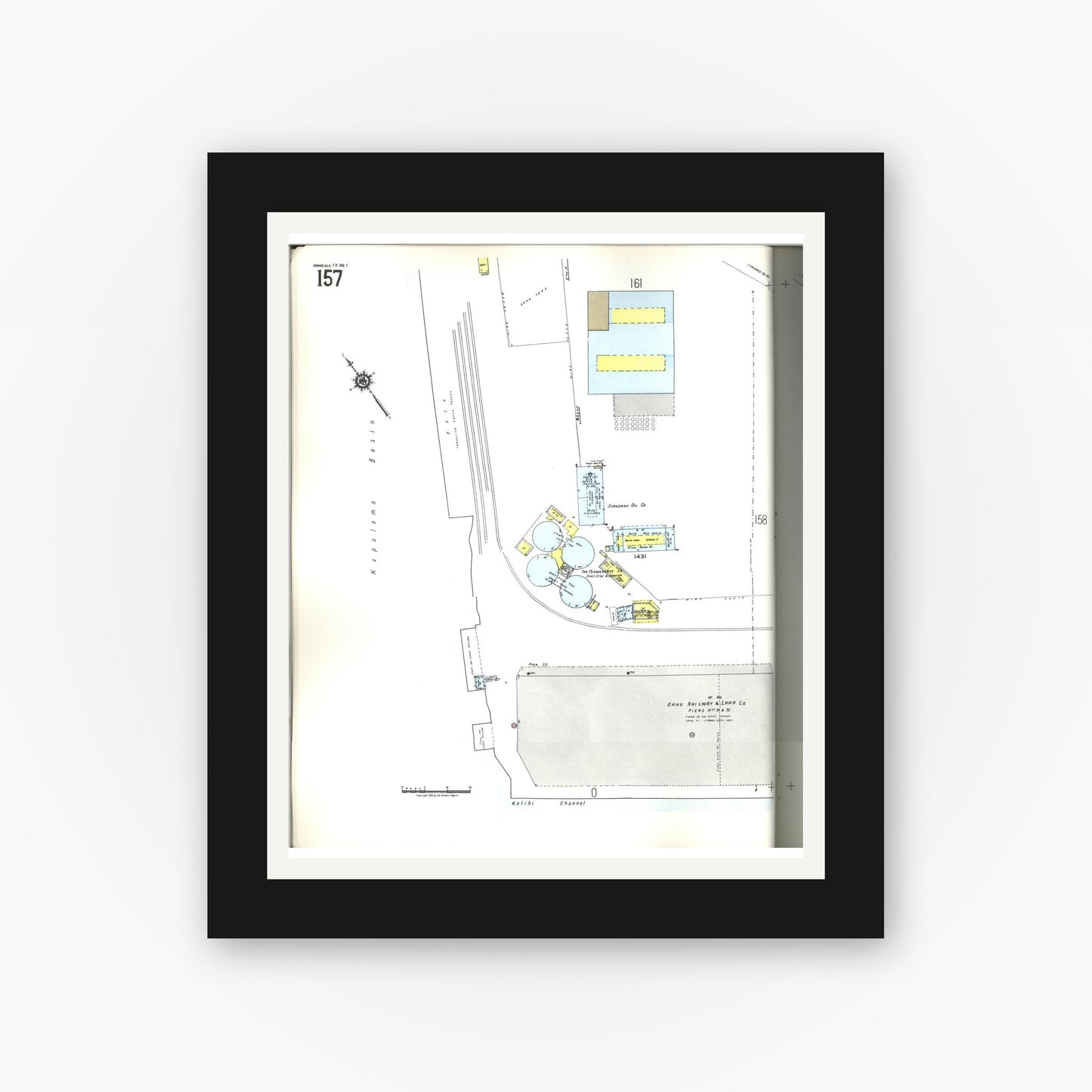 Old map wall art mockup — black gallery frame with white mat — Sanborn Fire Insurance Map from Honolulu, Oahu County, Hawaii (1955), Sheet #0157