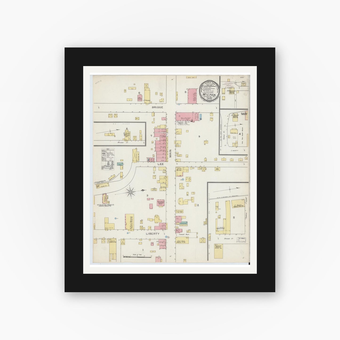 Old map wall art mockup — black gallery frame with white mat — Sanborn Fire Insurance Map from Milton, Caswell County, North Carolina (1893), Sheet #0001