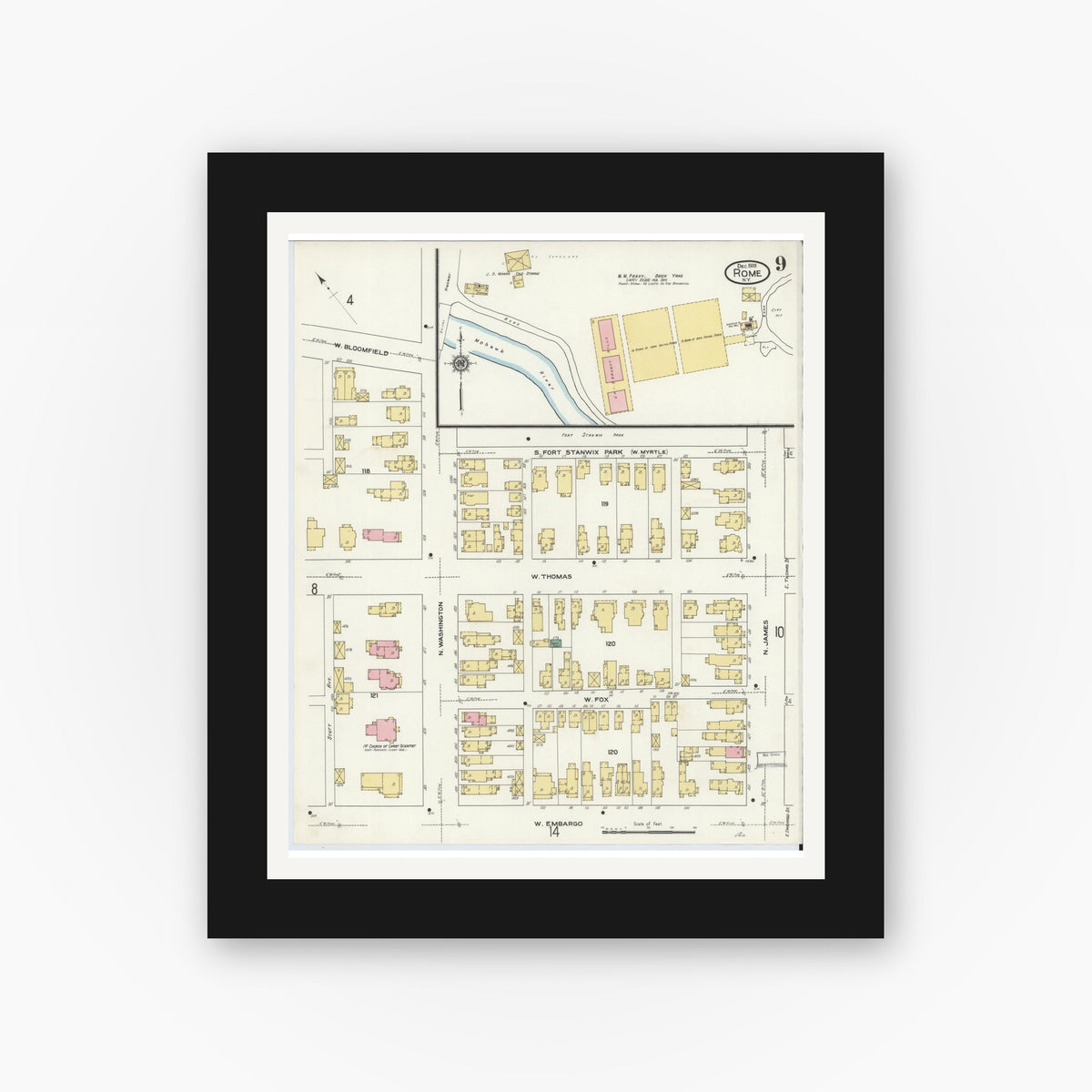 Old map wall art mockup — black gallery frame with white mat — Sanborn Fire Insurance Map from Rome, Oneida County, New York (1909), Sheet #0009