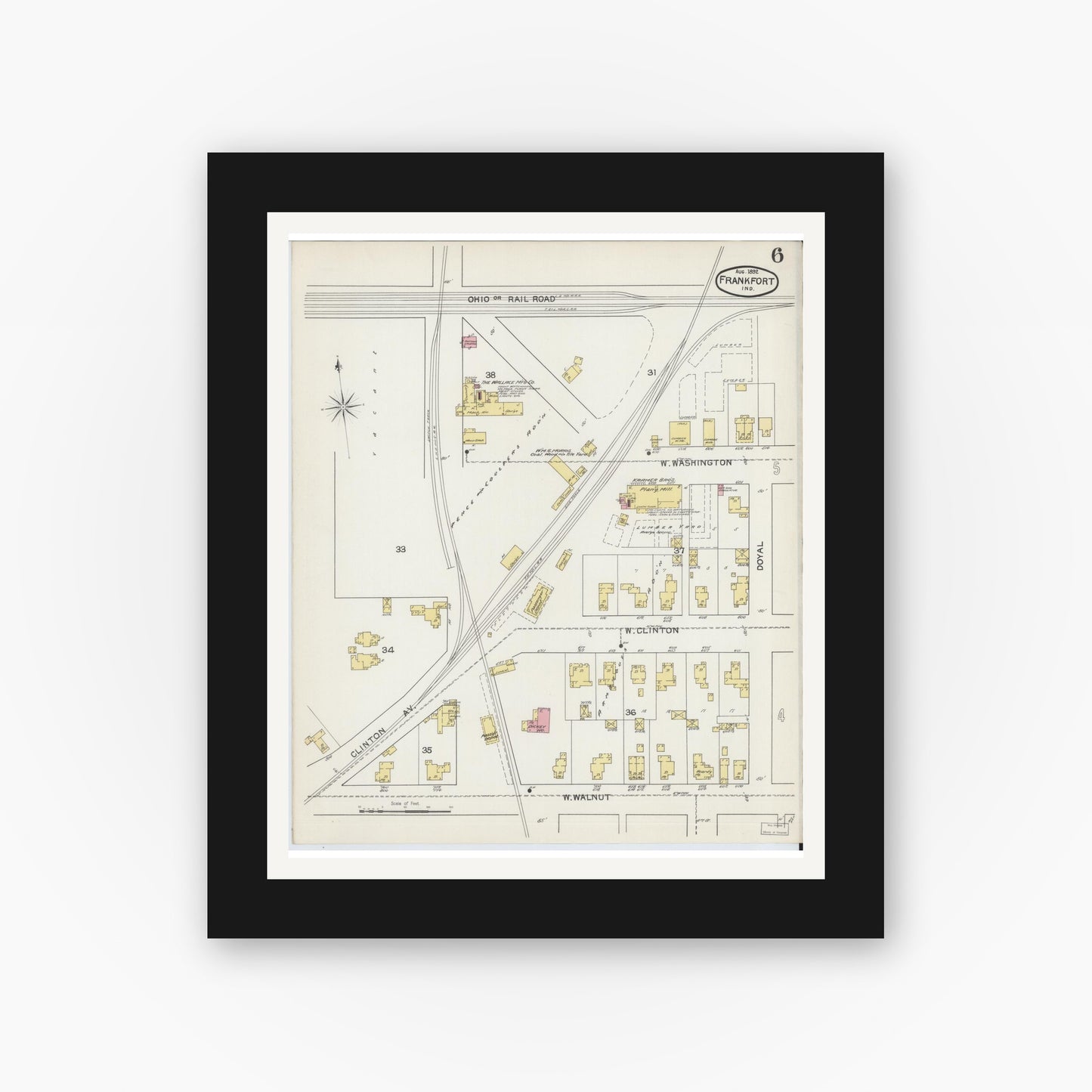 Old map wall art mockup — black gallery frame with white mat — Sanborn Fire Insurance Map from Frankfort, Clinton County, Indiana (1892), Sheet #0006