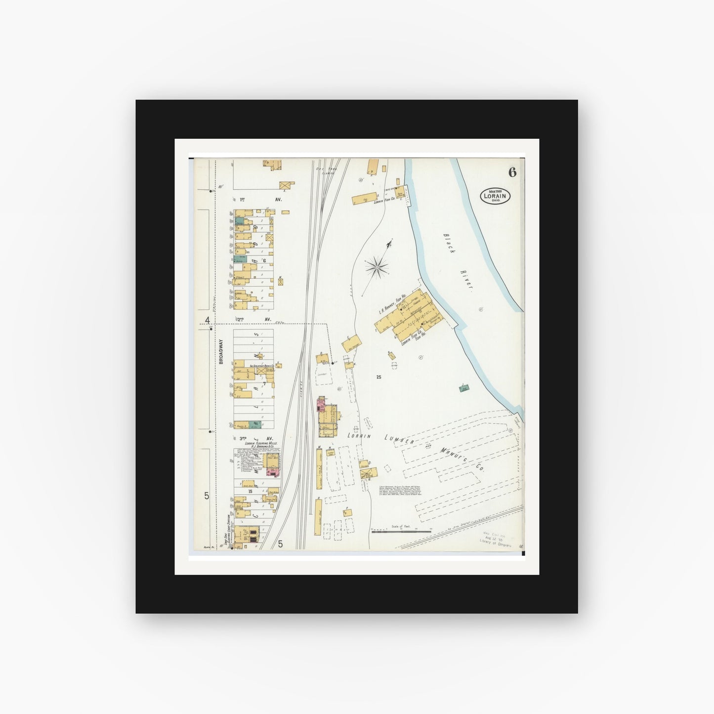 Old map wall art mockup — black gallery frame with white mat — Sanborn Fire Insurance Map from Lorain, Lorain County, Ohio (1900), Sheet #0006