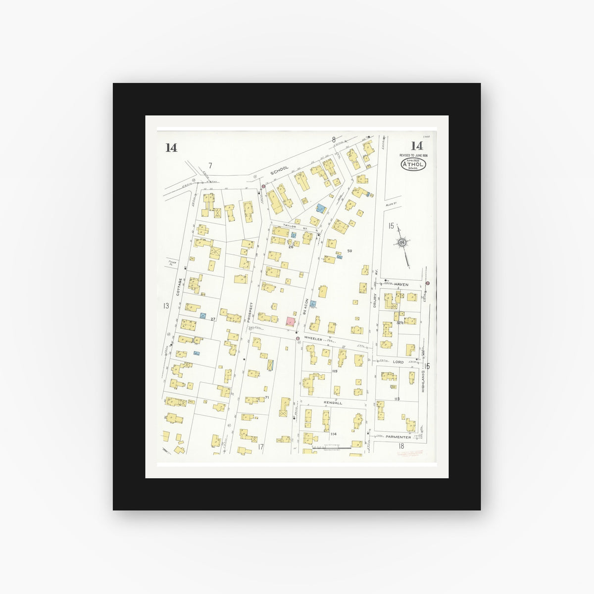 Old map wall art mockup — black gallery frame with white mat — Sanborn Fire Insurance Map from Athol, Worcester County, Massachusetts (1936), Sheet #0014