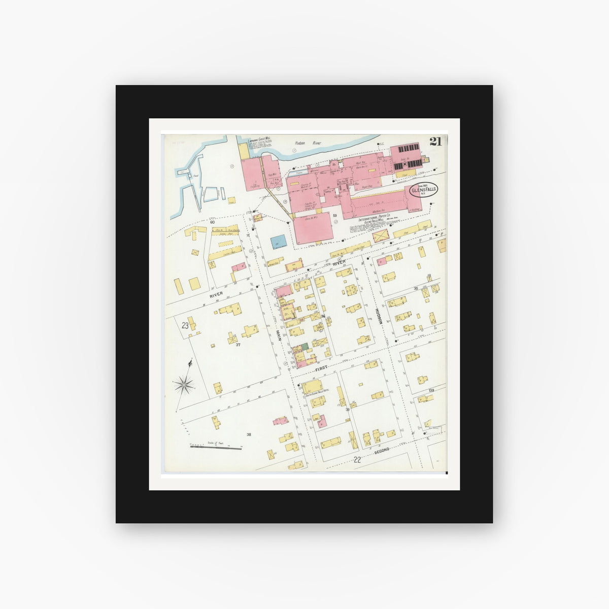 Old map wall art mockup — black gallery frame with white mat — Sanborn Fire Insurance Map from Glens Falls, Warren County, New York (1901), Sheet #0021