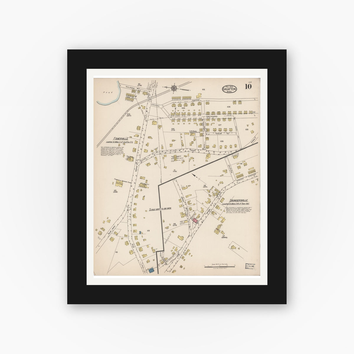 Old map wall art mockup — black gallery frame with white mat — Sanborn Fire Insurance Map from Grafton, Worcester County, Massachusetts (1922), Sheet #0010