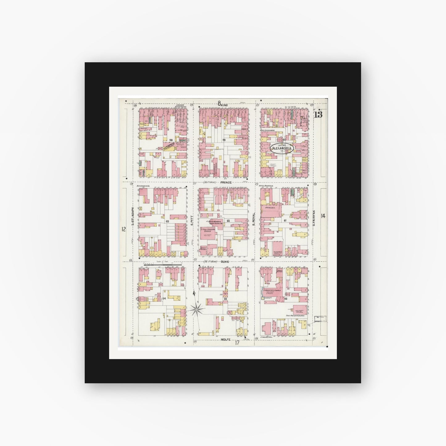 Old map wall art mockup — black gallery frame with white mat — Sanborn Fire Insurance Map from Alexandria, Independent Cities, Virginia (1902), Sheet #0013