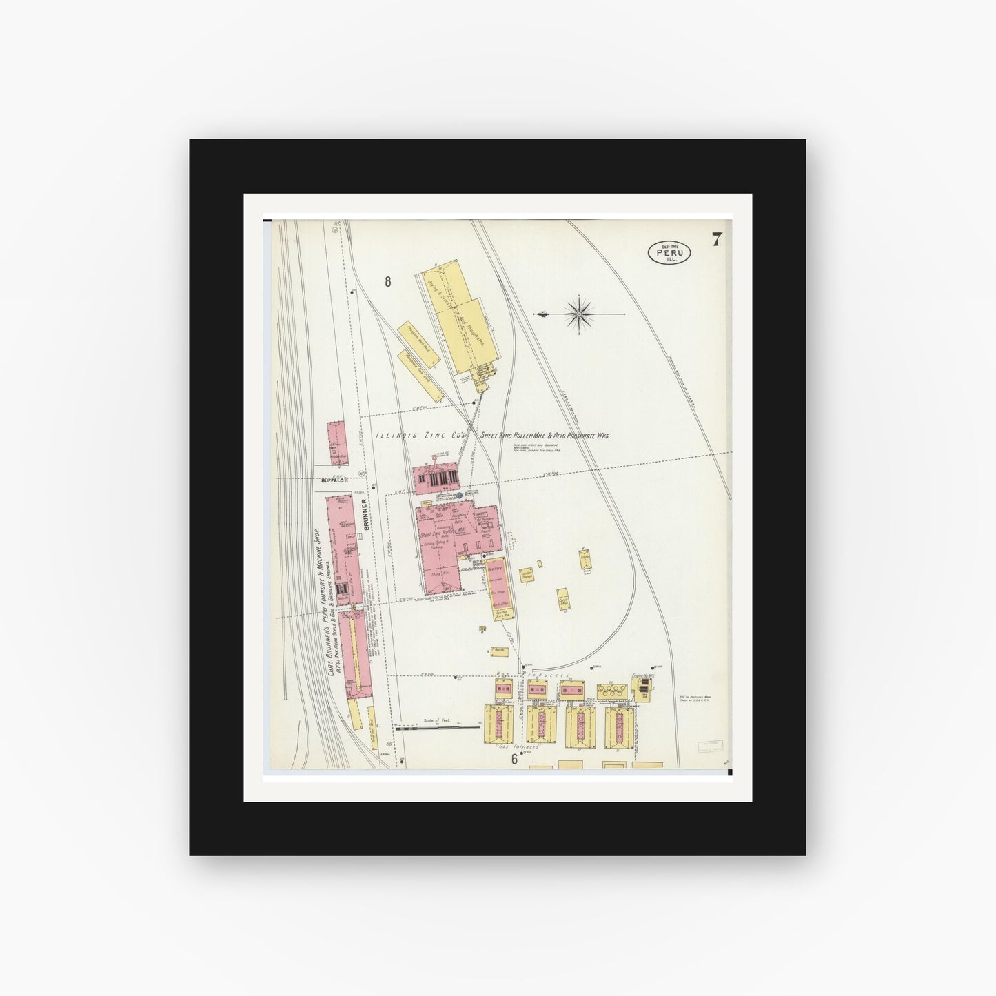 Old map wall art mockup — black gallery frame with white mat — Sanborn Fire Insurance Map from Peru, La Salle County, Illinois (1902), Sheet #0007