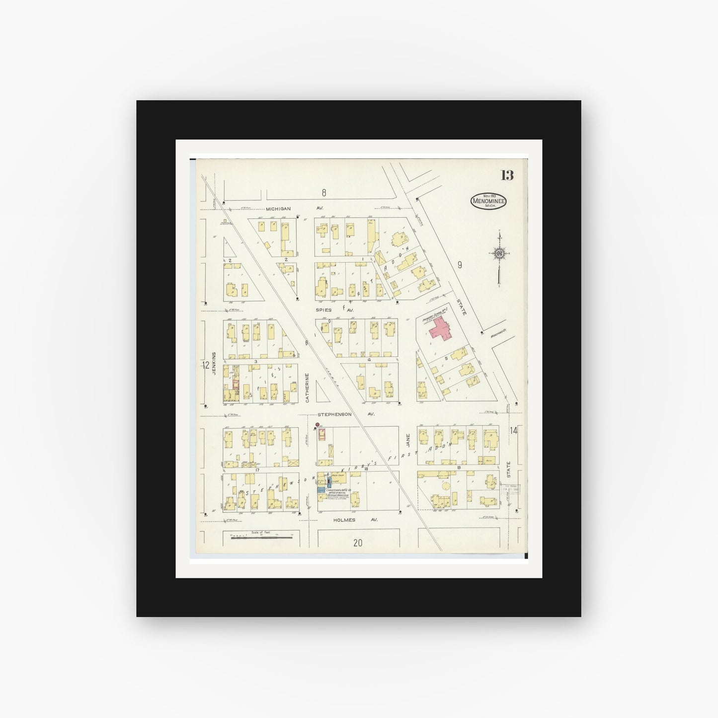 Old map wall art mockup — black gallery frame with white mat — Sanborn Fire Insurance Map from Menominee, Menominee County, Michigan (1913), Sheet #0013