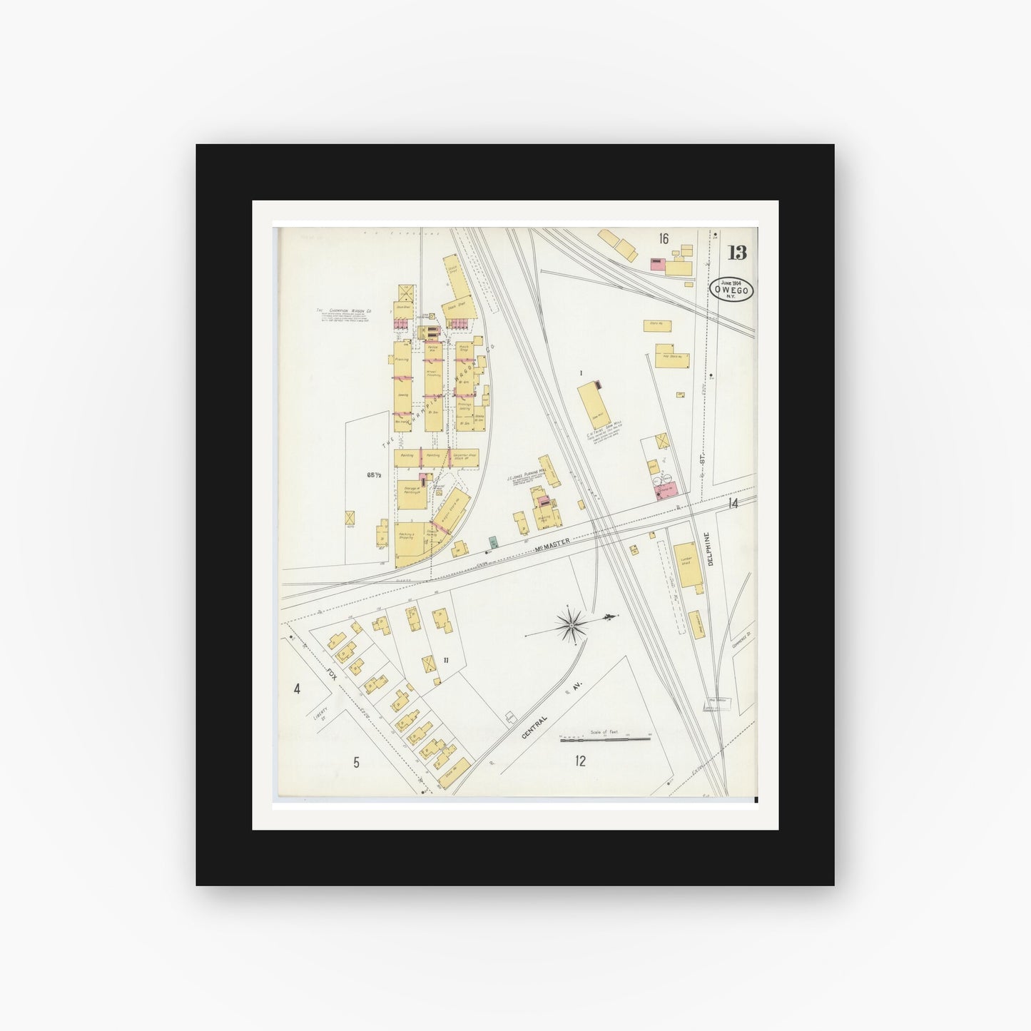 Old map wall art mockup — black gallery frame with white mat — Sanborn Fire Insurance Map from Owego, Tioga County, New York (1904), Sheet #0013