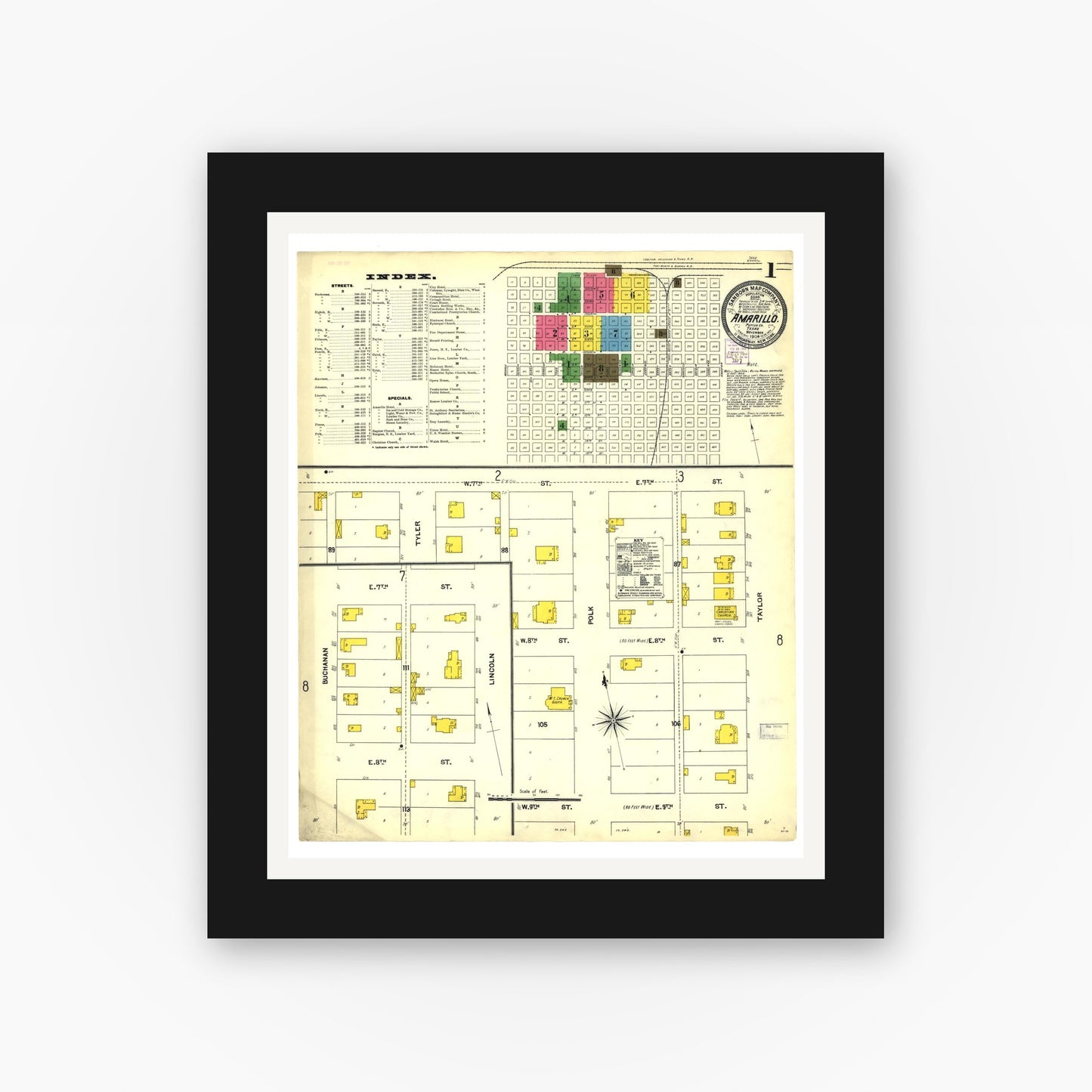 Old map wall art mockup — black gallery frame with white mat — Sanborn Fire Insurance Map from Amarillo, Potter County, Texas (1904), Sheet #0001