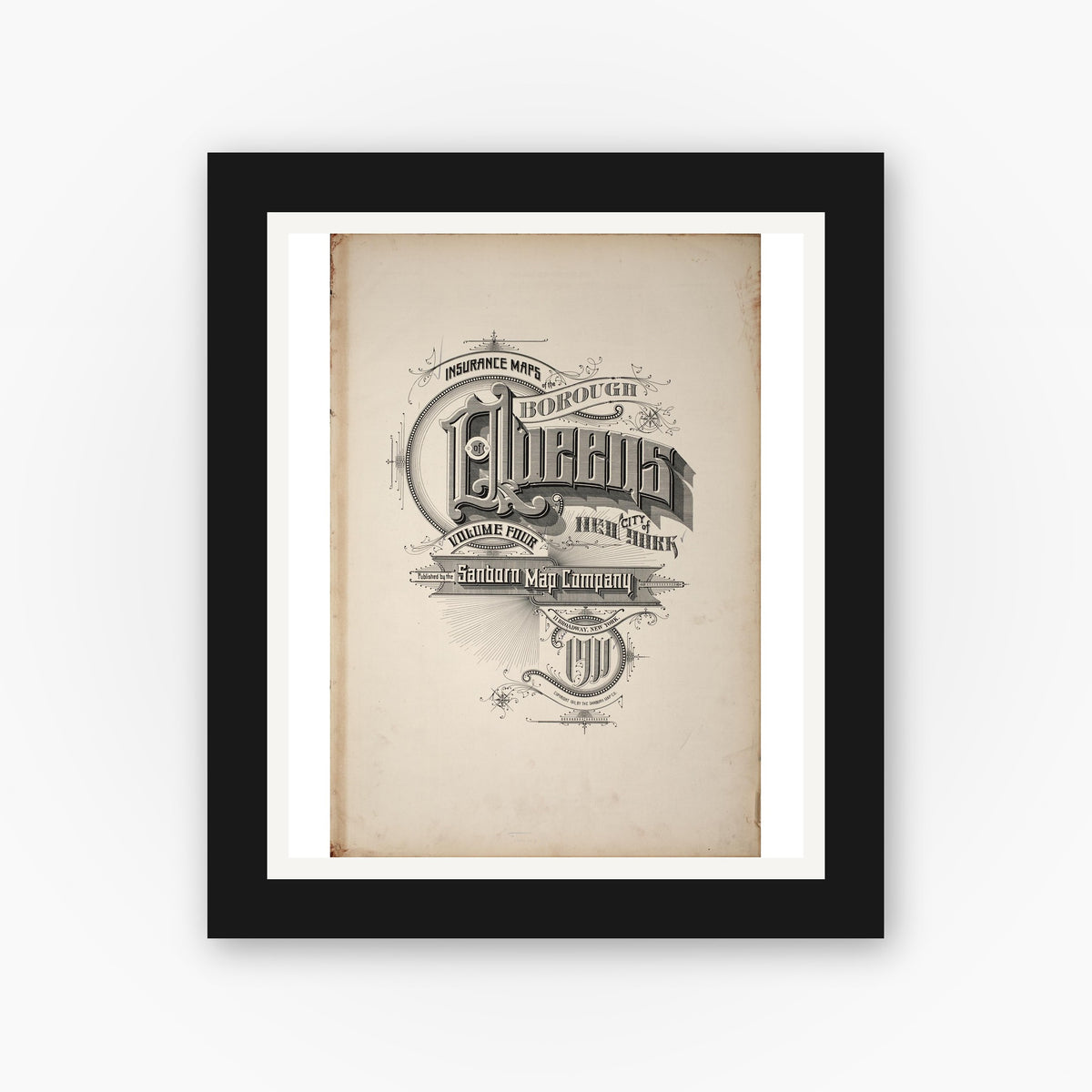 Old map wall art mockup — black gallery frame with white mat — Sanborn Fire Insurance Map from Queens, Queens County, New York (1911), Sheet #0001