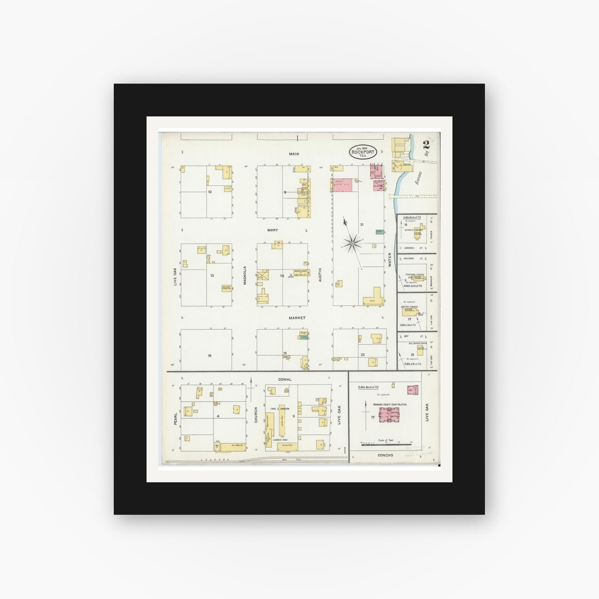 Old map wall art mockup — black gallery frame with white mat — Sanborn Fire Insurance Map from Rockport, Aransas County, Texas (1906), Sheet #0002