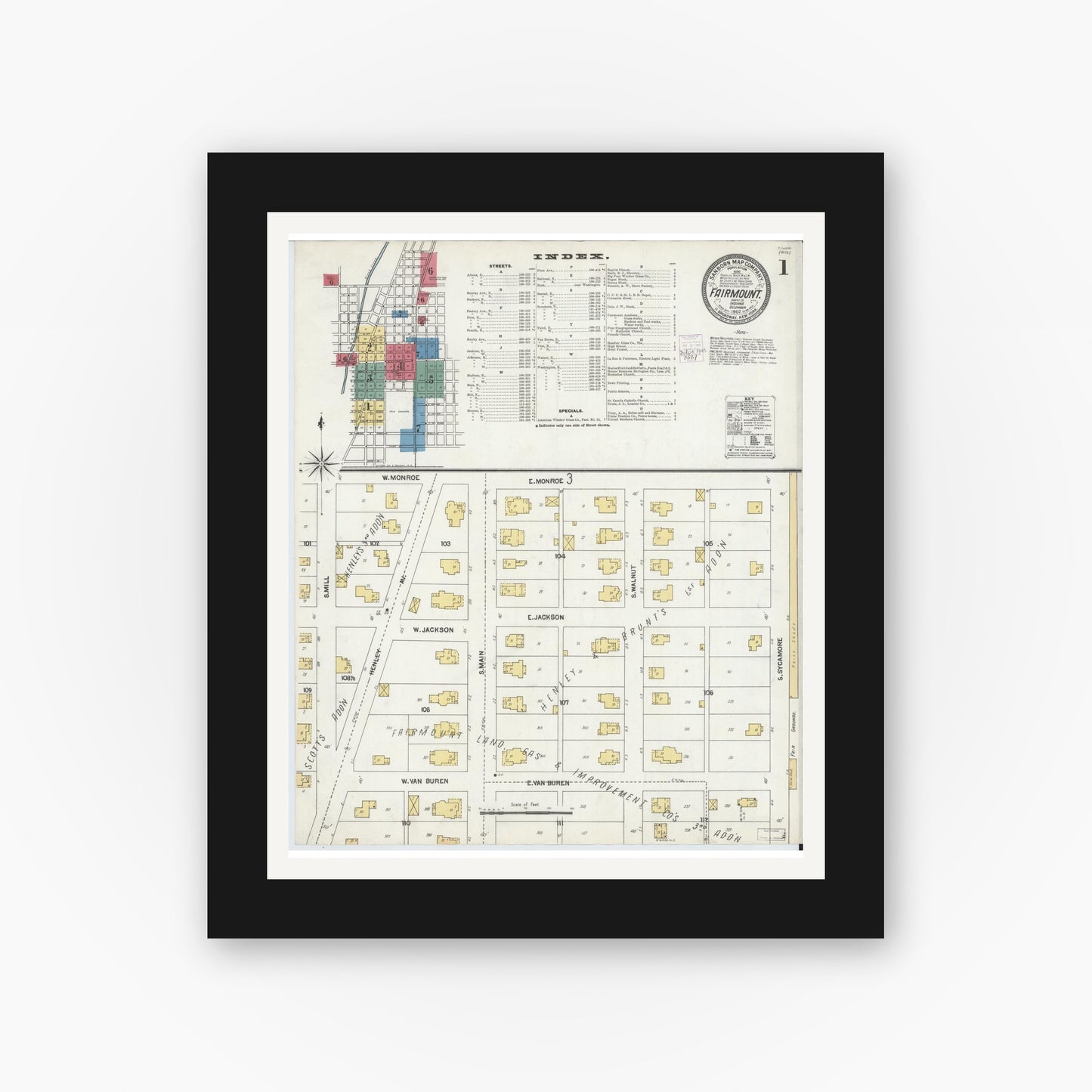 Old map wall art mockup — black gallery frame with white mat — Sanborn Fire Insurance Map from Fairmount, Grant County, Indiana (1902) - Complete Map Set