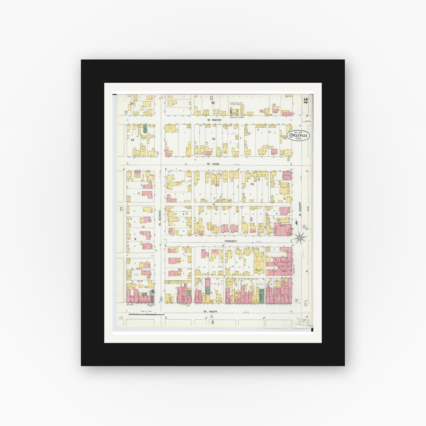 Old map wall art mockup — black gallery frame with white mat — Sanborn Fire Insurance Map from Circleville, Pickaway County, Ohio (1899), Sheet #0002