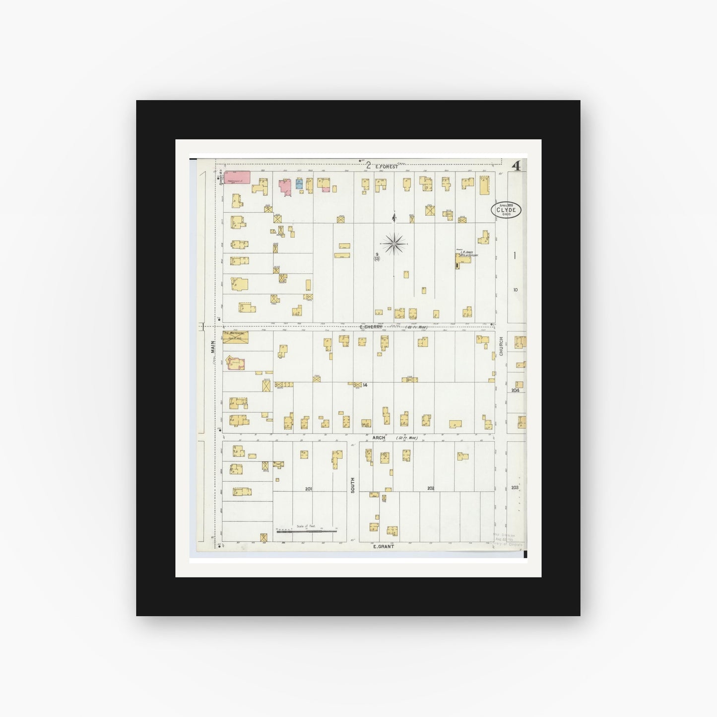 Old map wall art mockup — black gallery frame with white mat — Sanborn Fire Insurance Map from Clyde, Sandusky County, Ohio (1899), Sheet #0004