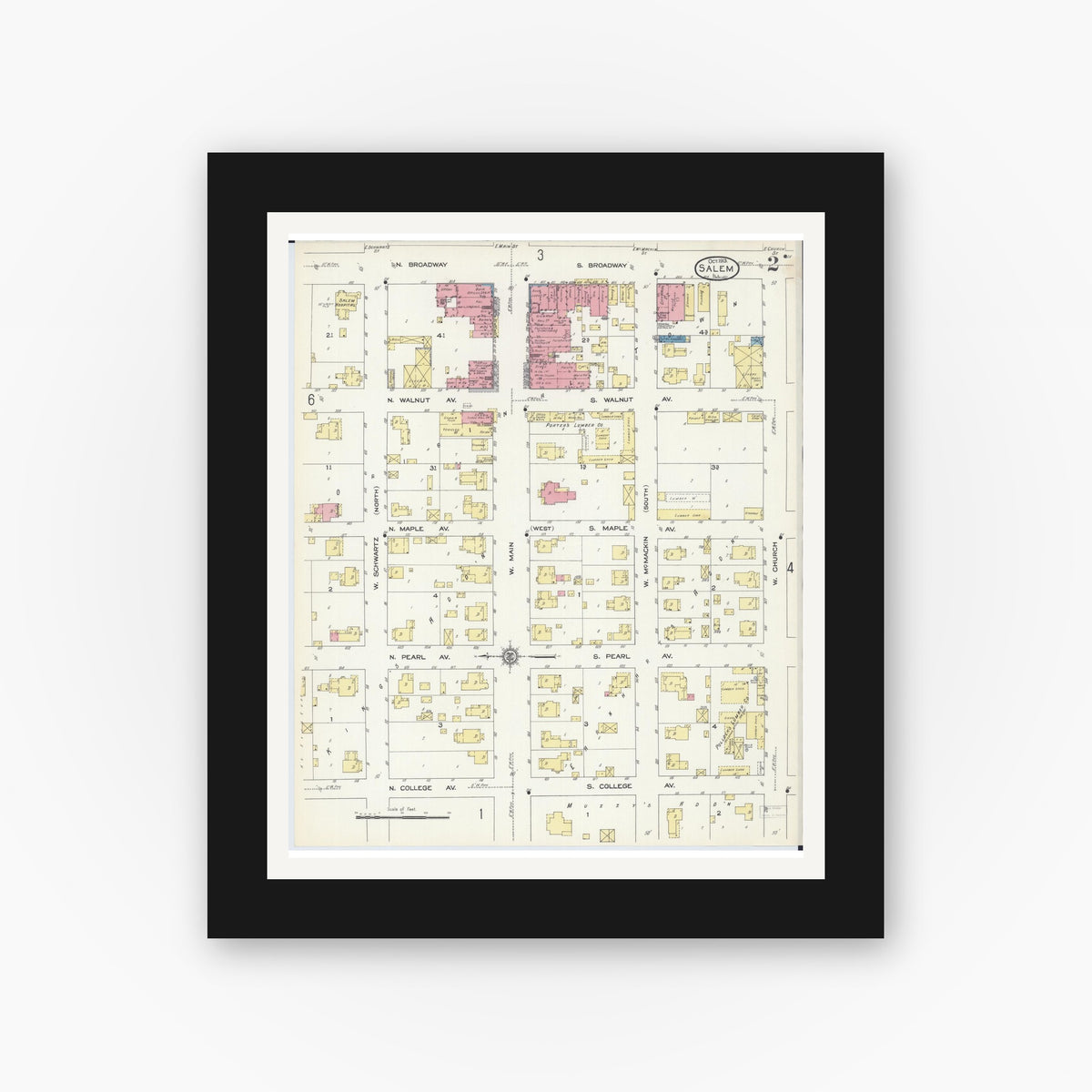 Old map wall art mockup — black gallery frame with white mat — Sanborn Fire Insurance Map from Salem, Marion County, Illinois (1913), Sheet #0002