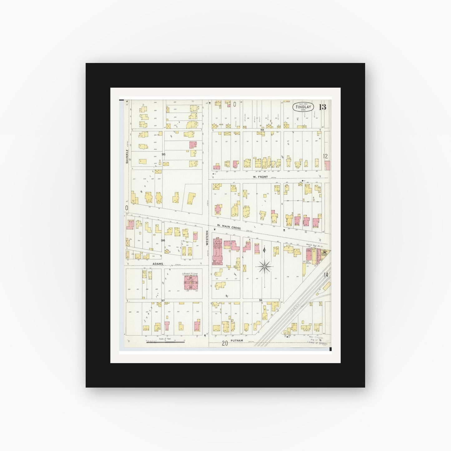 Old map wall art mockup — black gallery frame with white mat — Sanborn Fire Insurance Map from Findlay, Hancock County, Ohio (1901), Sheet #0013