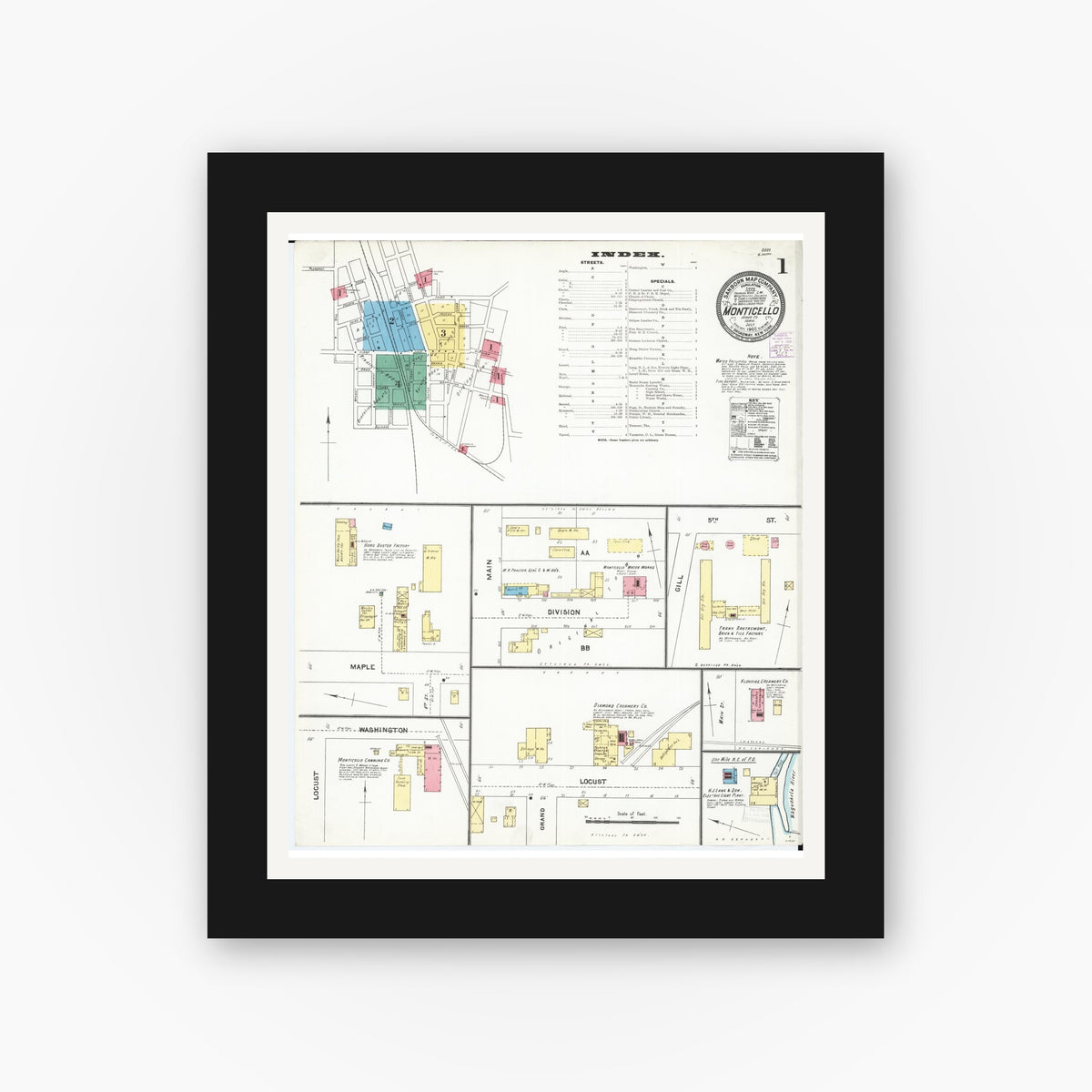 Old map wall art mockup — black gallery frame with white mat — Sanborn Fire Insurance Map from Monticello, Jones County, Iowa (1905) — Complete Set