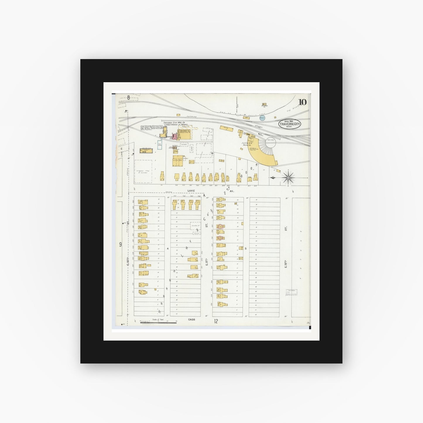 Old map wall art mockup — black gallery frame with white mat — Sanborn Fire Insurance Map from Traverse City, Grand Traverse County, Michigan (1904), Sheet #0010