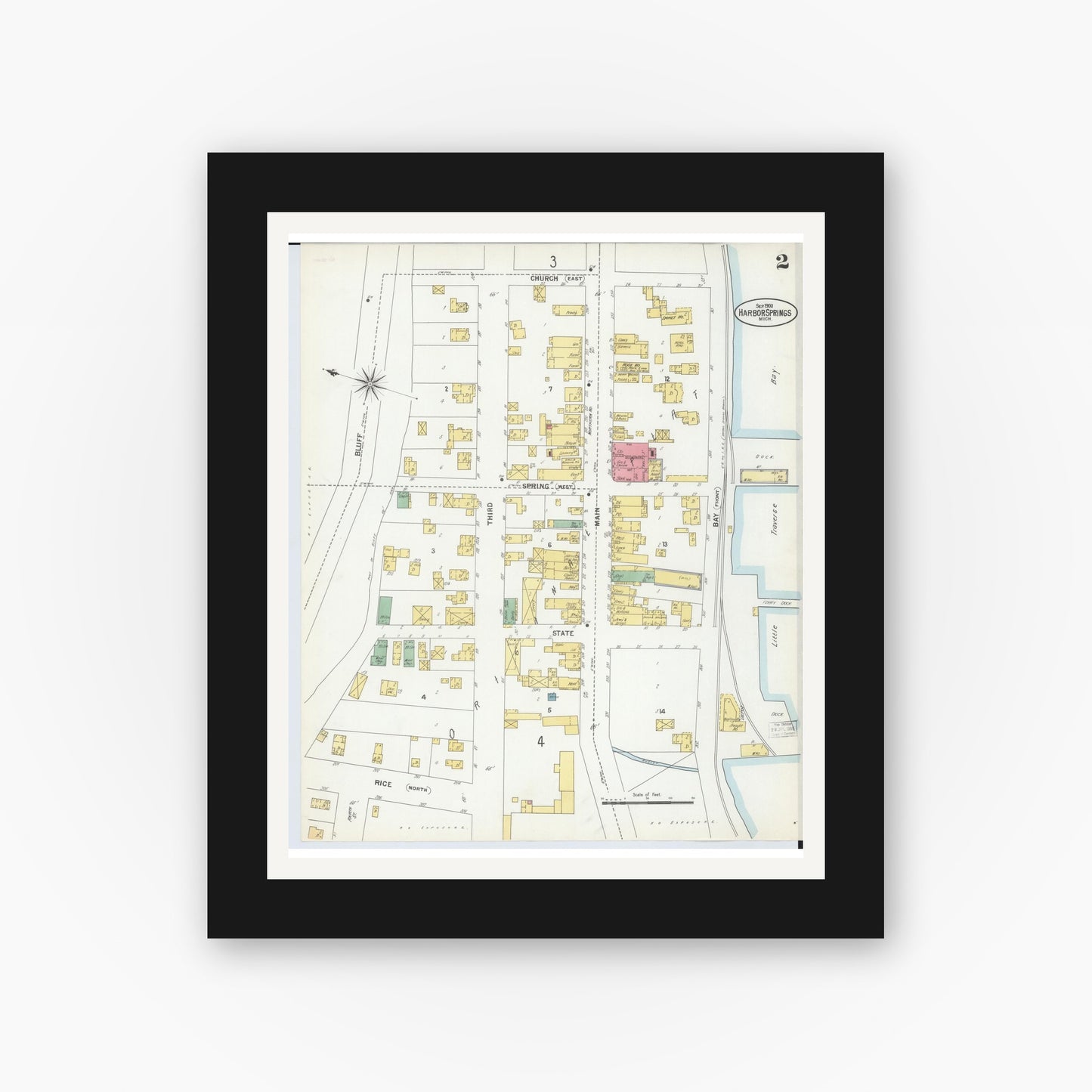 Old map wall art mockup — black gallery frame with white mat — Sanborn Fire Insurance Map from Harbor Springs, Emmet County, Michigan (1900), Sheet #0002