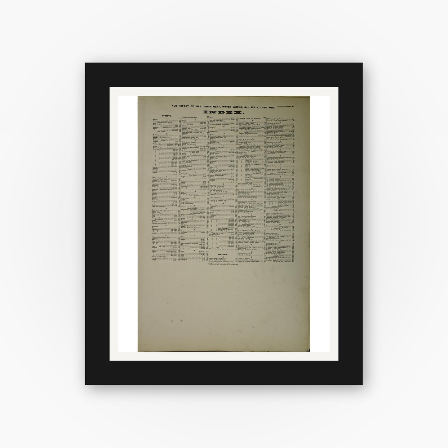 Old map wall art mockup — black gallery frame with white mat — Sanborn Fire Insurance Map from Cleveland, Cuyahoga County, Ohio (1887), Sheet #0001