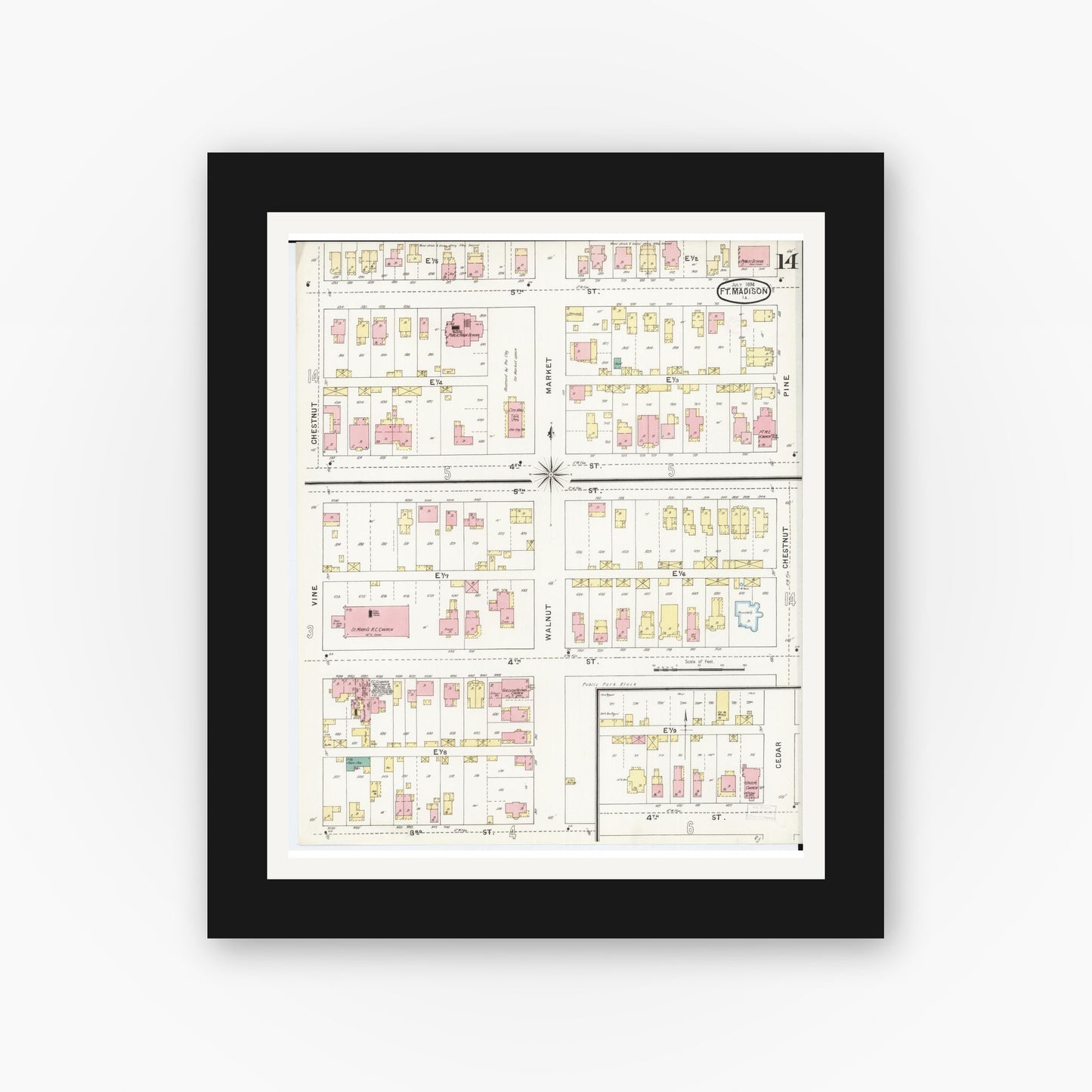 Old map wall art mockup — black gallery frame with white mat — Sanborn Fire Insurance Map from Fort Madison, Lee County, Iowa (1894), Sheet #0014