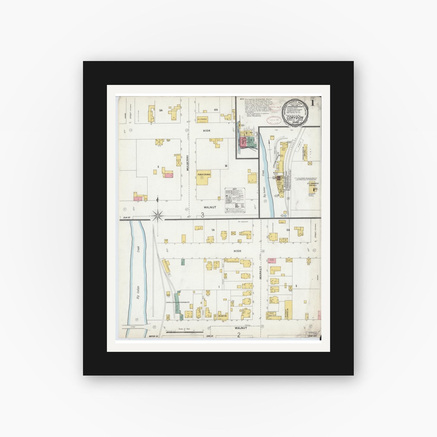 Old map wall art mockup — black gallery frame with white mat — Sanborn Fire Insurance Map from Corydon, Harrison County, Indiana (1899) - Complete Map Set