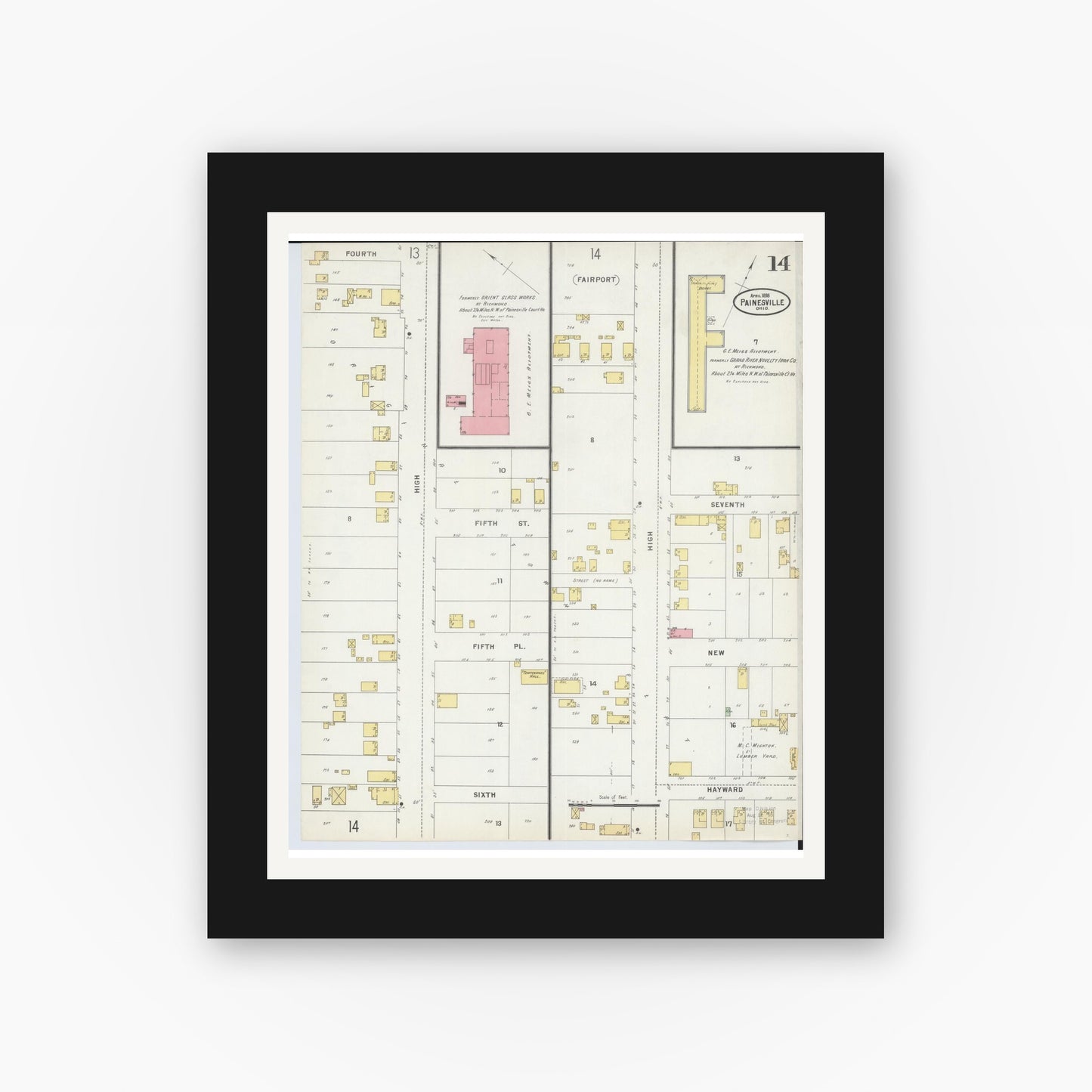Old map wall art mockup — black gallery frame with white mat — Sanborn Fire Insurance Map from Painesville, Lake County, Ohio (1898), Sheet #0014